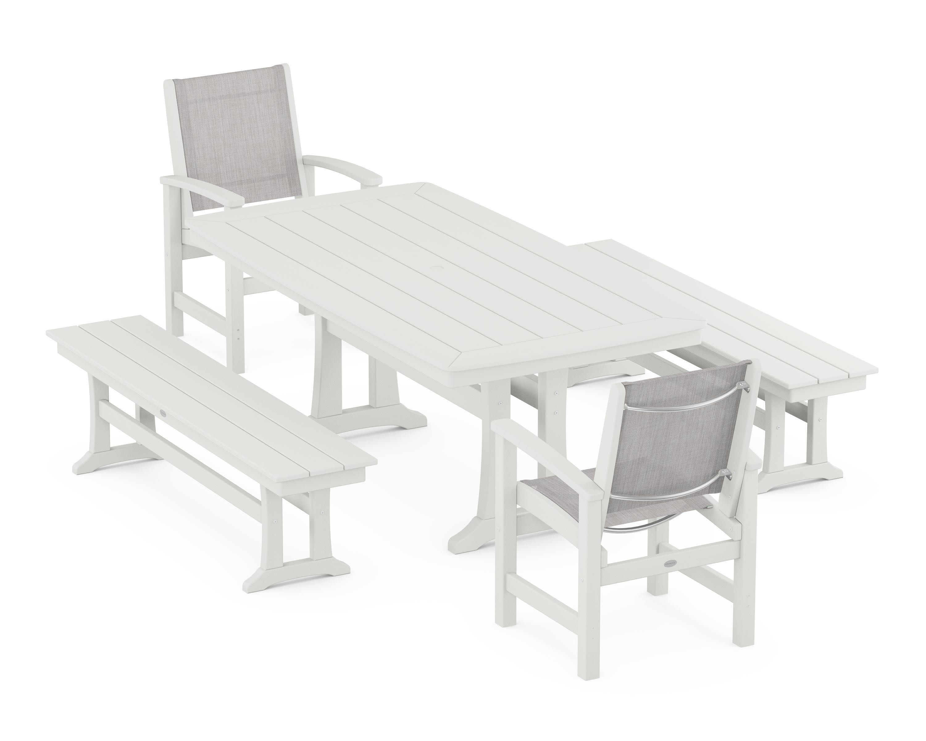 Coastal 5-Piece Dining Set with Trestle Legs and Benches in Vintage White / Parchment Sling