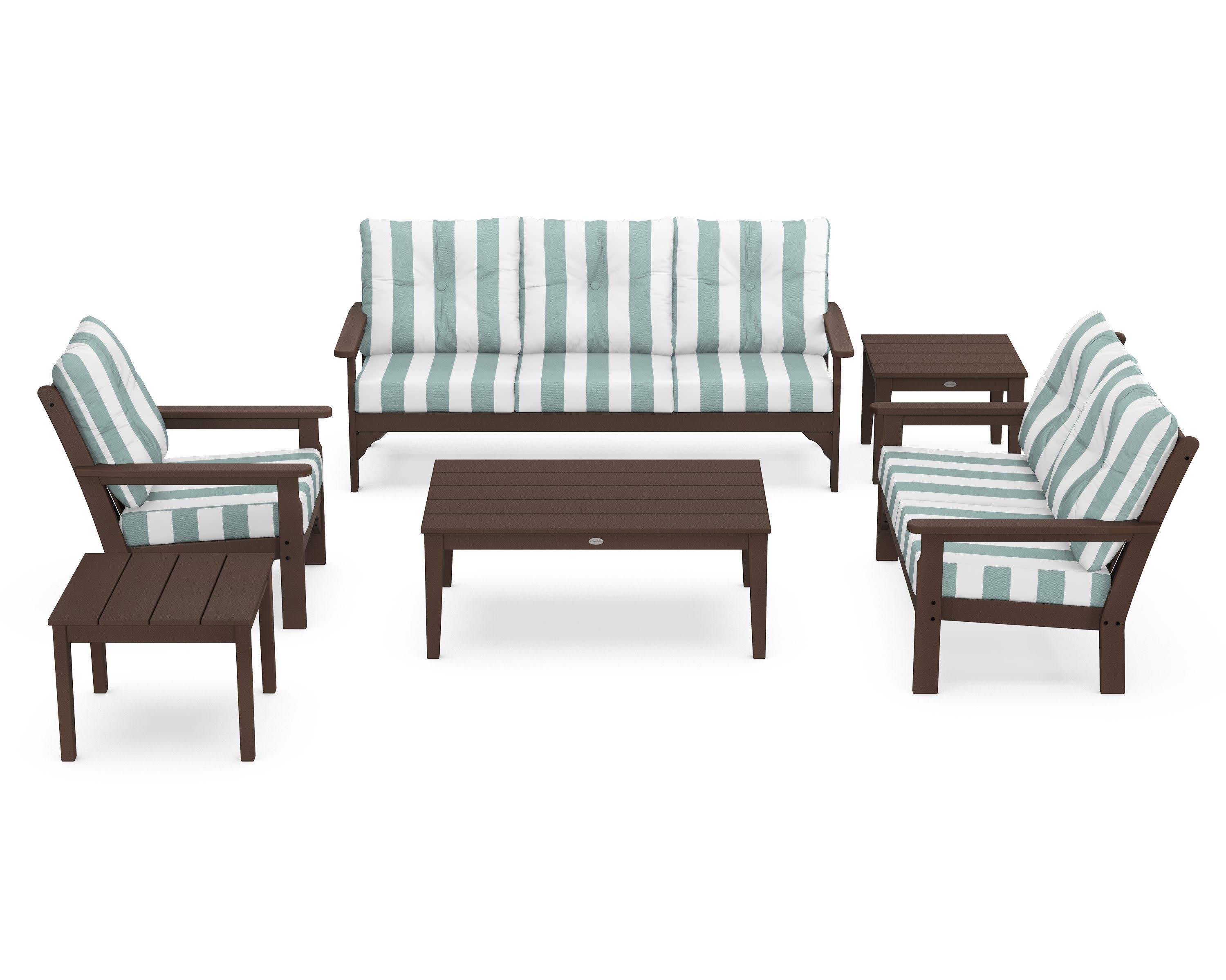 Vineyard 6-Piece Deep Seating Set in Mahogany / Cabana Stripe Glacier Spa