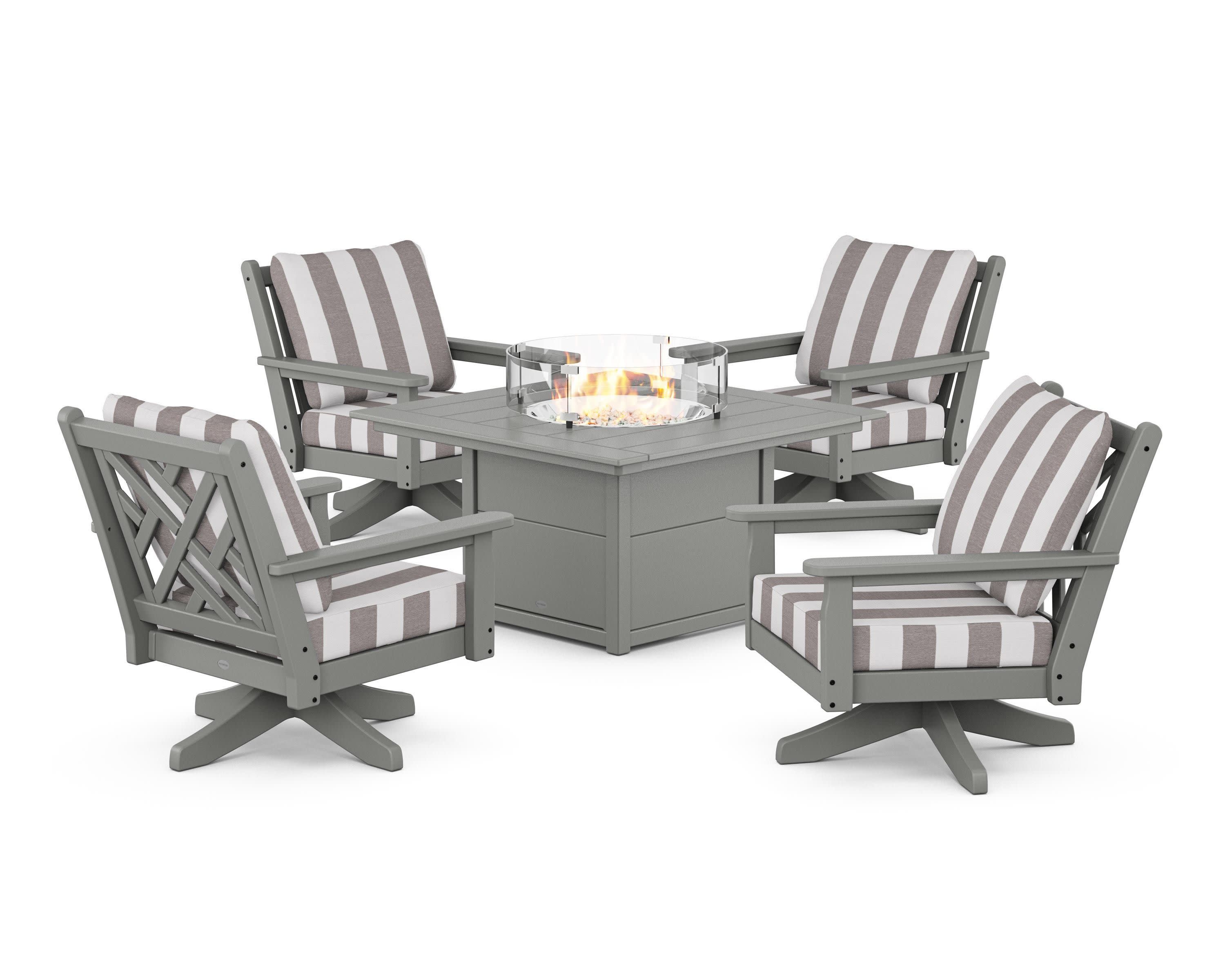 Chippendale 5-Piece Deep Seating Swivel Conversation Set with Fire Pit Table in Slate Grey / Cabana Stripe Grey Mist