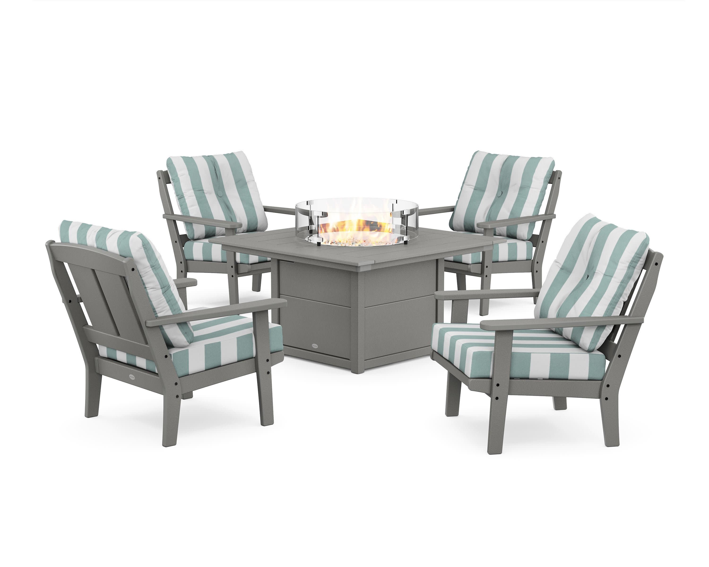 Mission 5-Piece Deep Seating Set with Fire Pit Table in Slate Grey / Cabana Stripe Glacier Spa