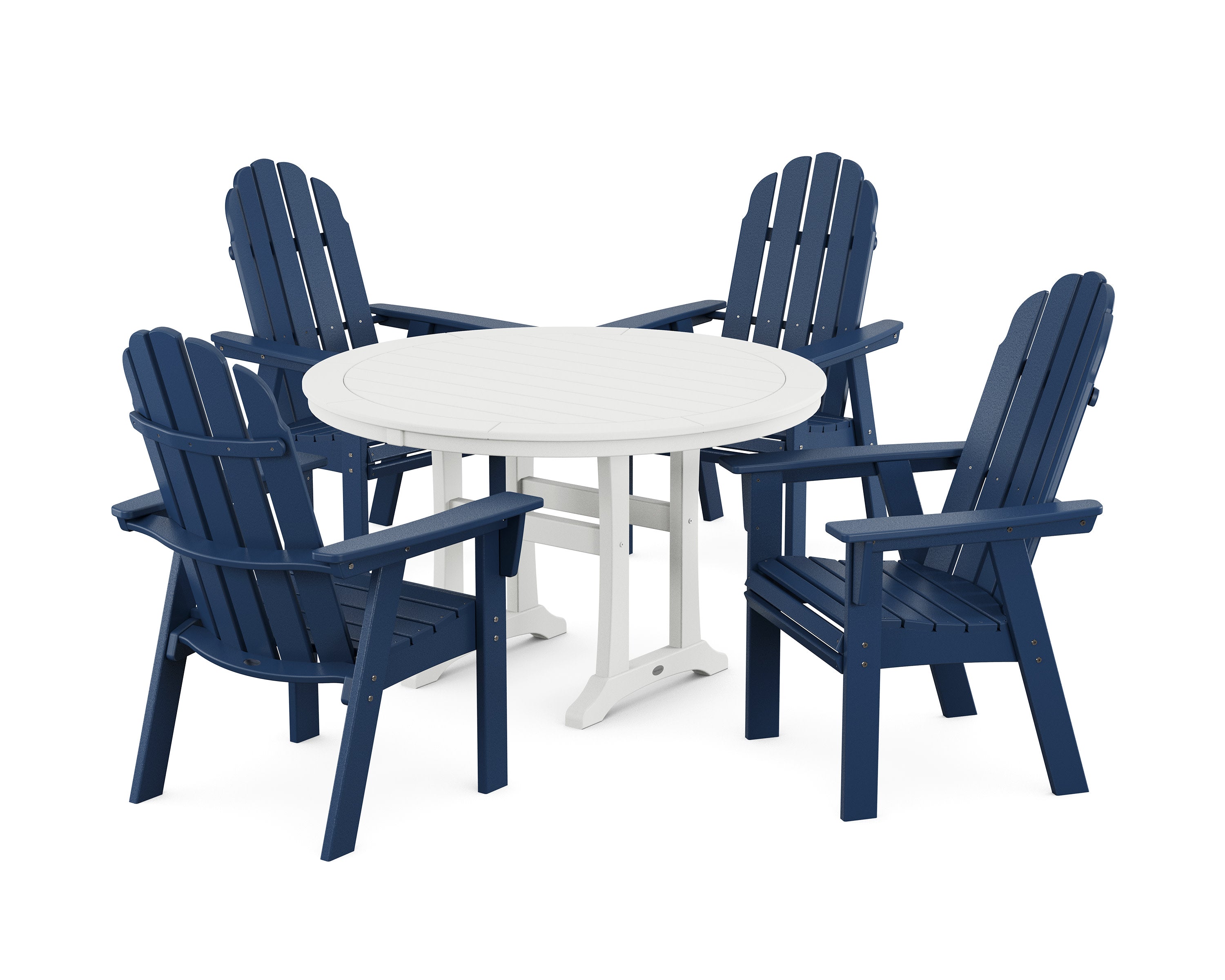 Vineyard Curveback Adirondack 5-Piece Nautical Trestle Dining Set in Navy / White