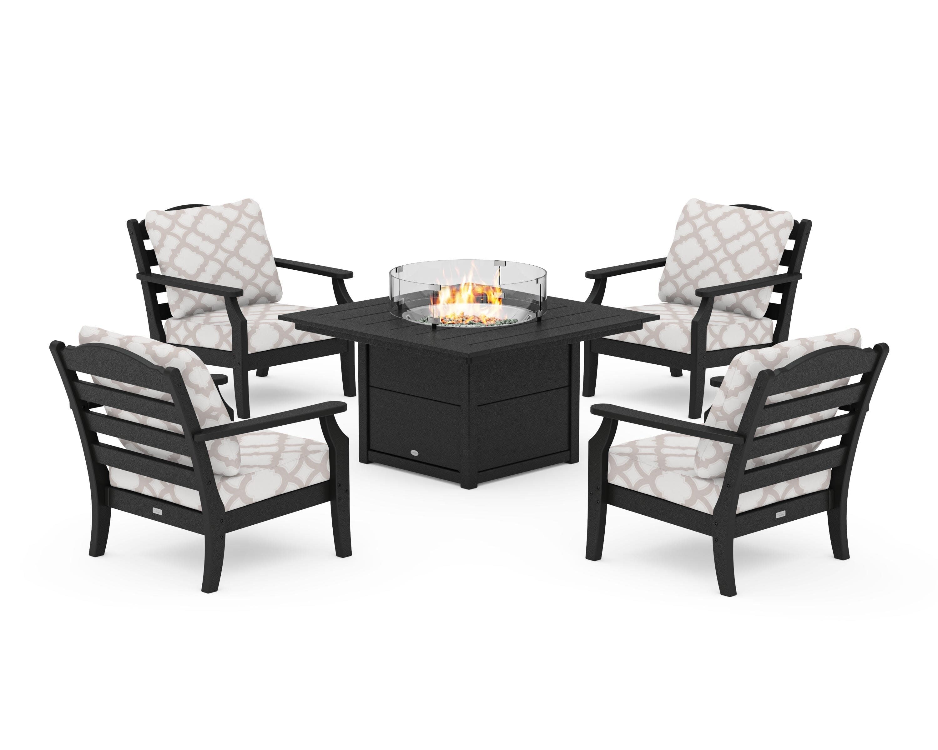 Savannah 5-Piece Deep Seating Set with Fire Pit Table in Black / Trellis Dune Burlap