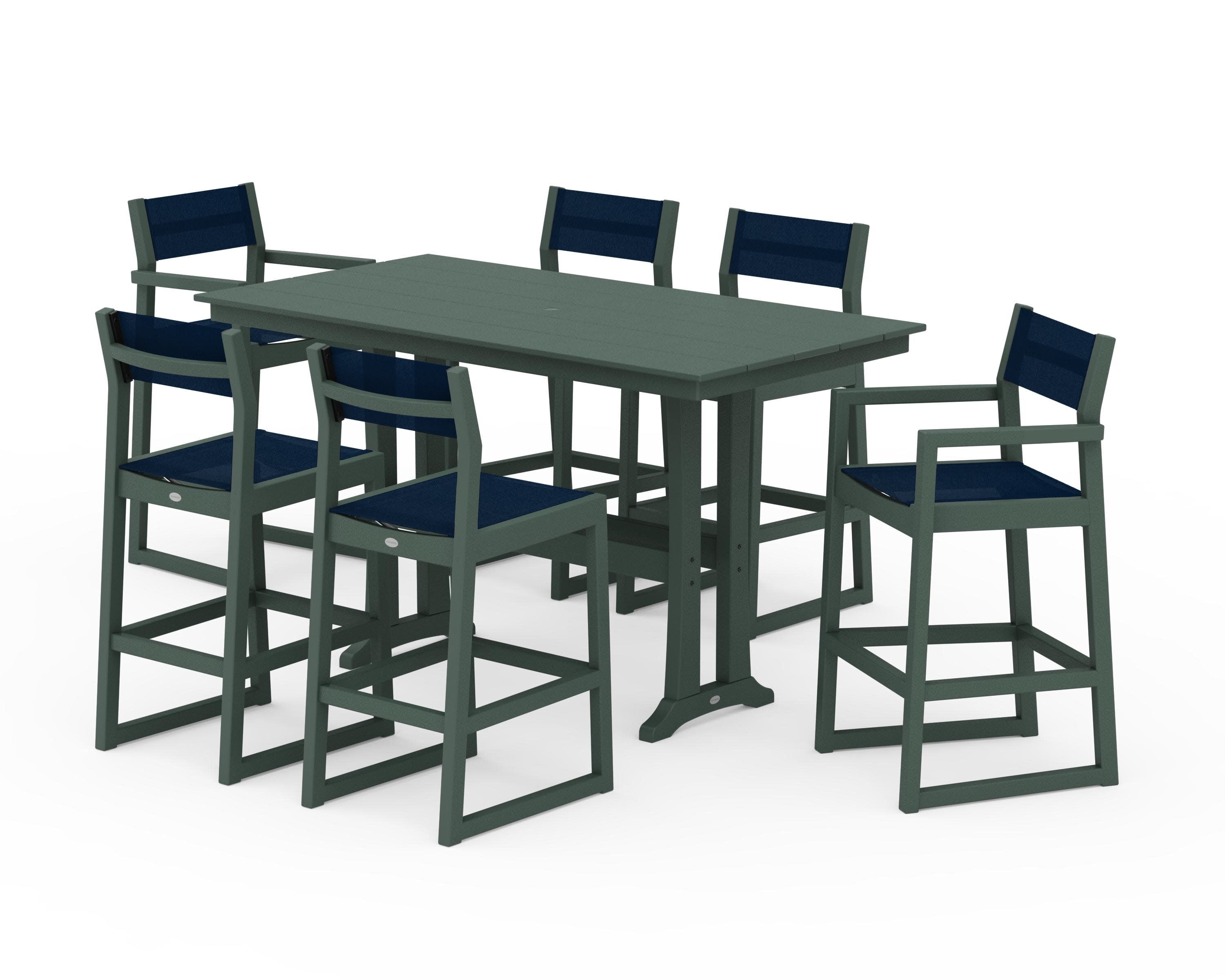 EDGE Sling 7-Piece Farmhouse Bar Set with Trestle Legs in Green / Navy Blue Sling