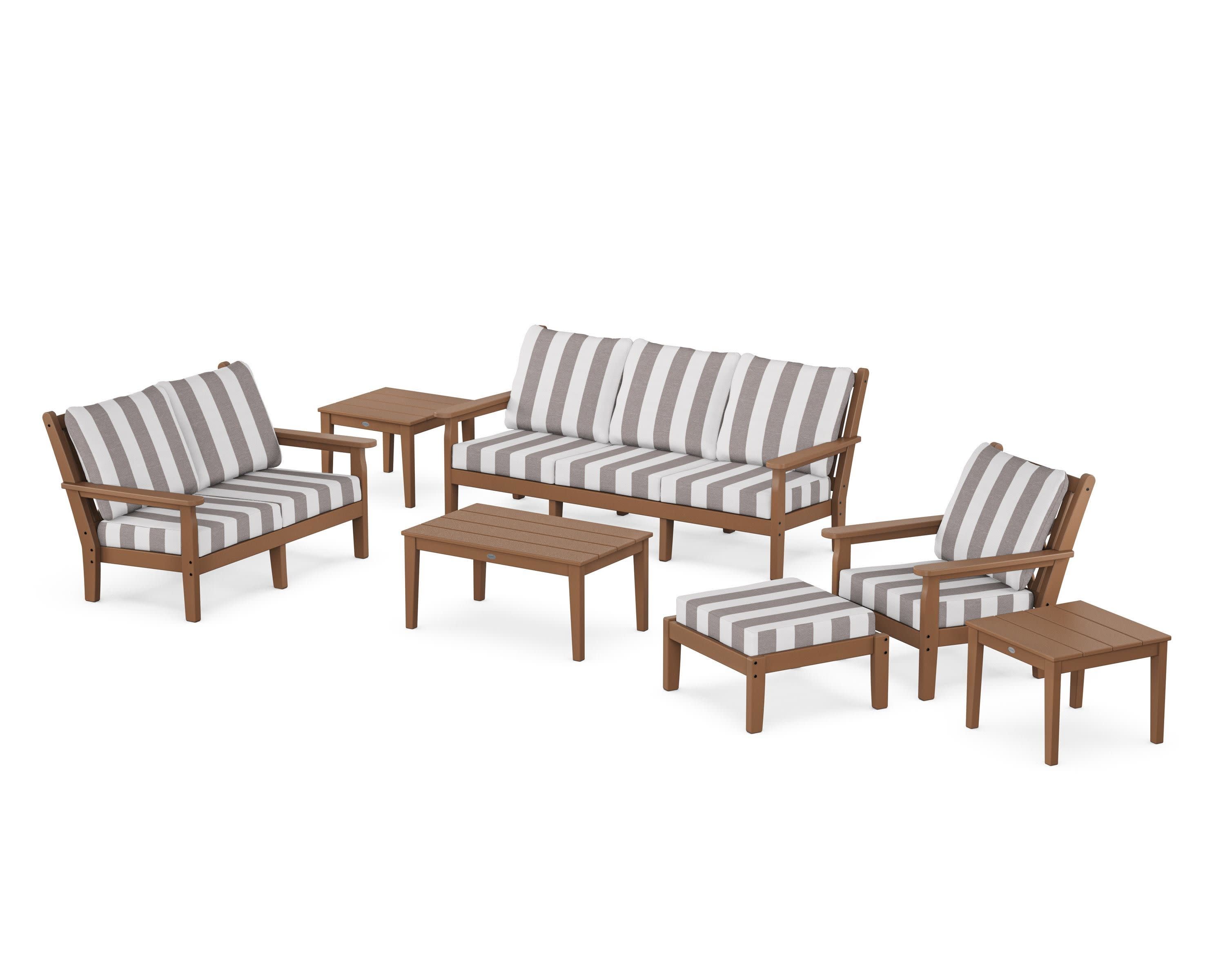 Chippendale 7-Piece Deep Seating Set in Teak / Cabana Stripe Grey Mist