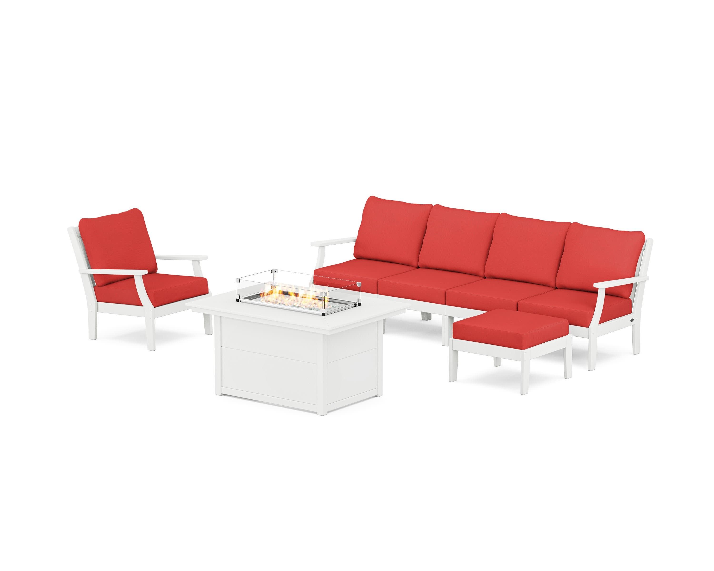 Braxton Sectional Lounge and Fire Pit Set in White / Crimson Linen