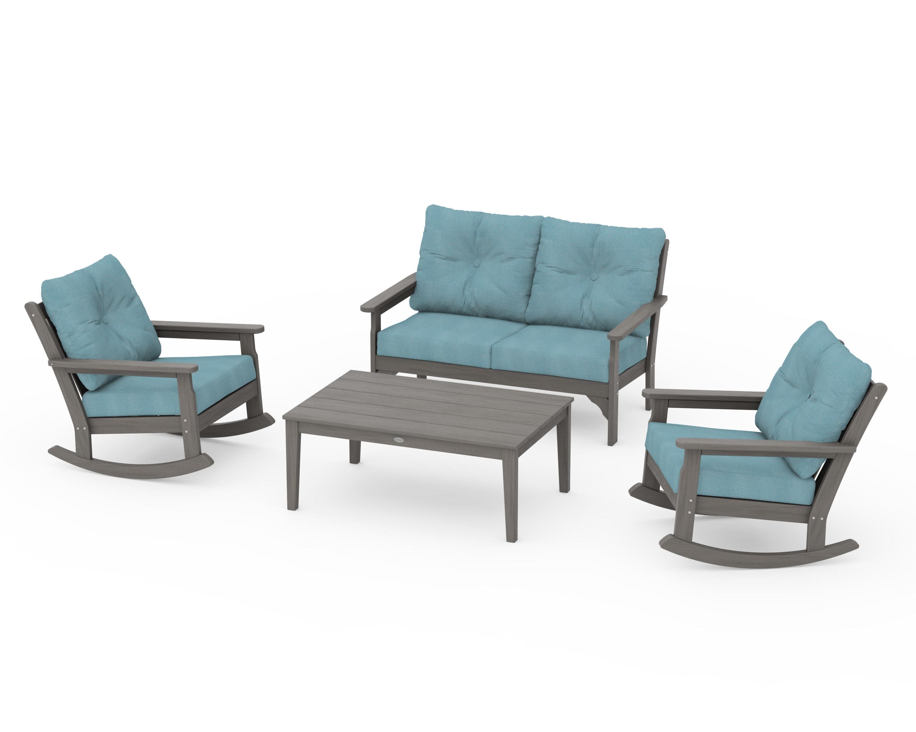 Vineyard 4-Piece Deep Seating Rocking Chair Set in Driftwood / Lattice Sky Blue