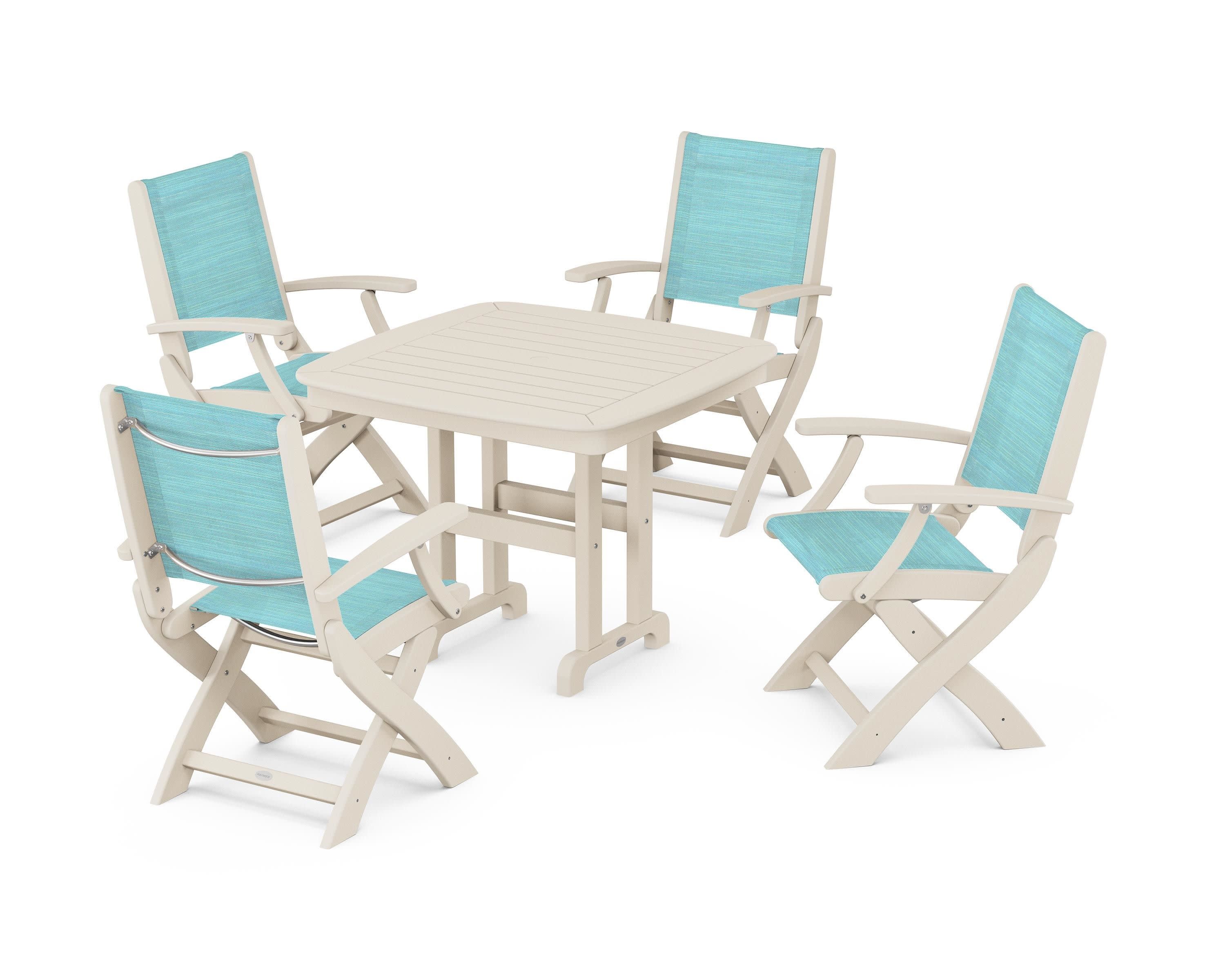 Coastal Folding Chair 5-Piece Dining Set in Sand / Dupioni Aquamarine Sling