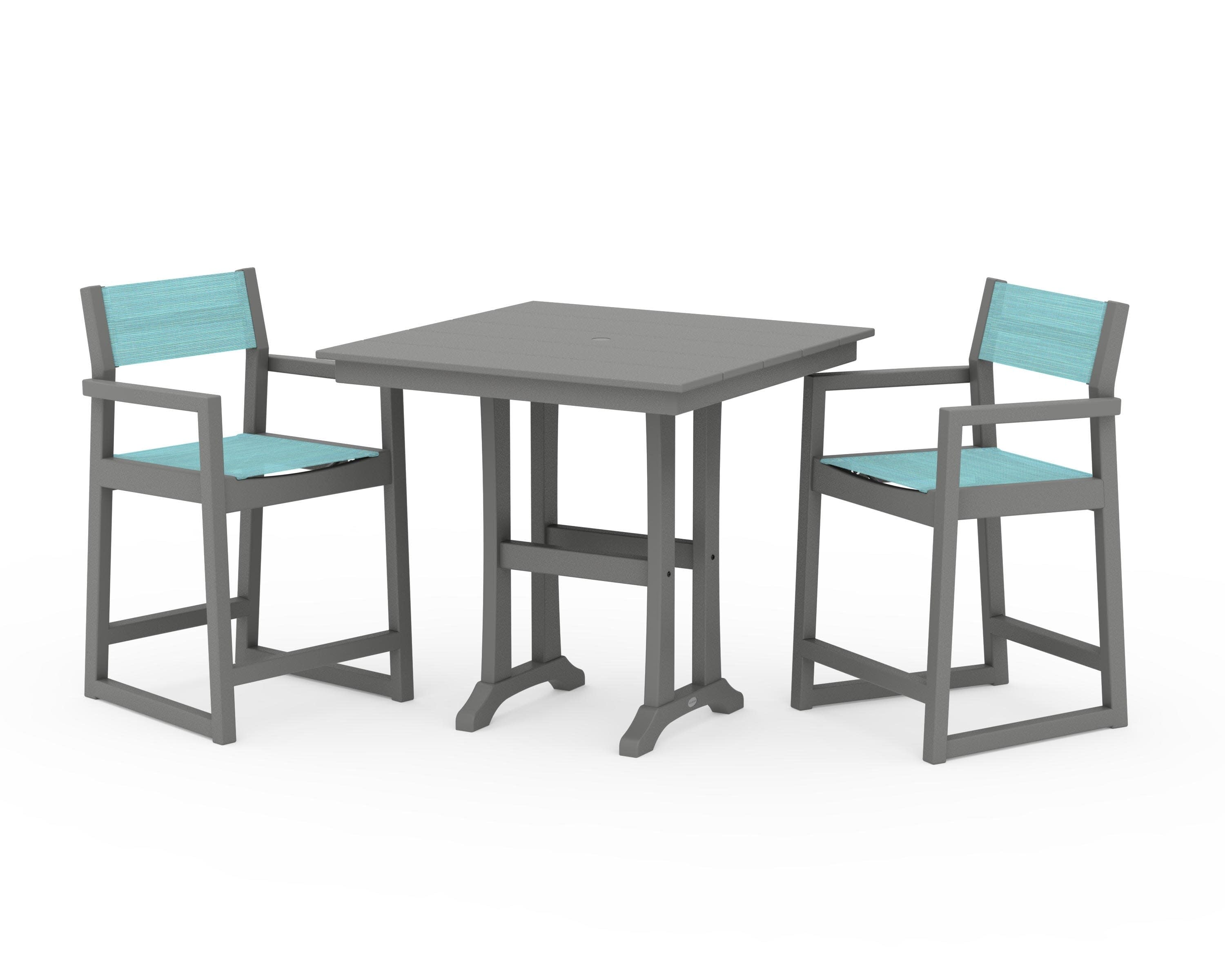 EDGE Sling Arm Chair 3-Piece Farmhouse Counter Set with Trestle Legs in Slate Grey / Dupioni Aquamarine Sling