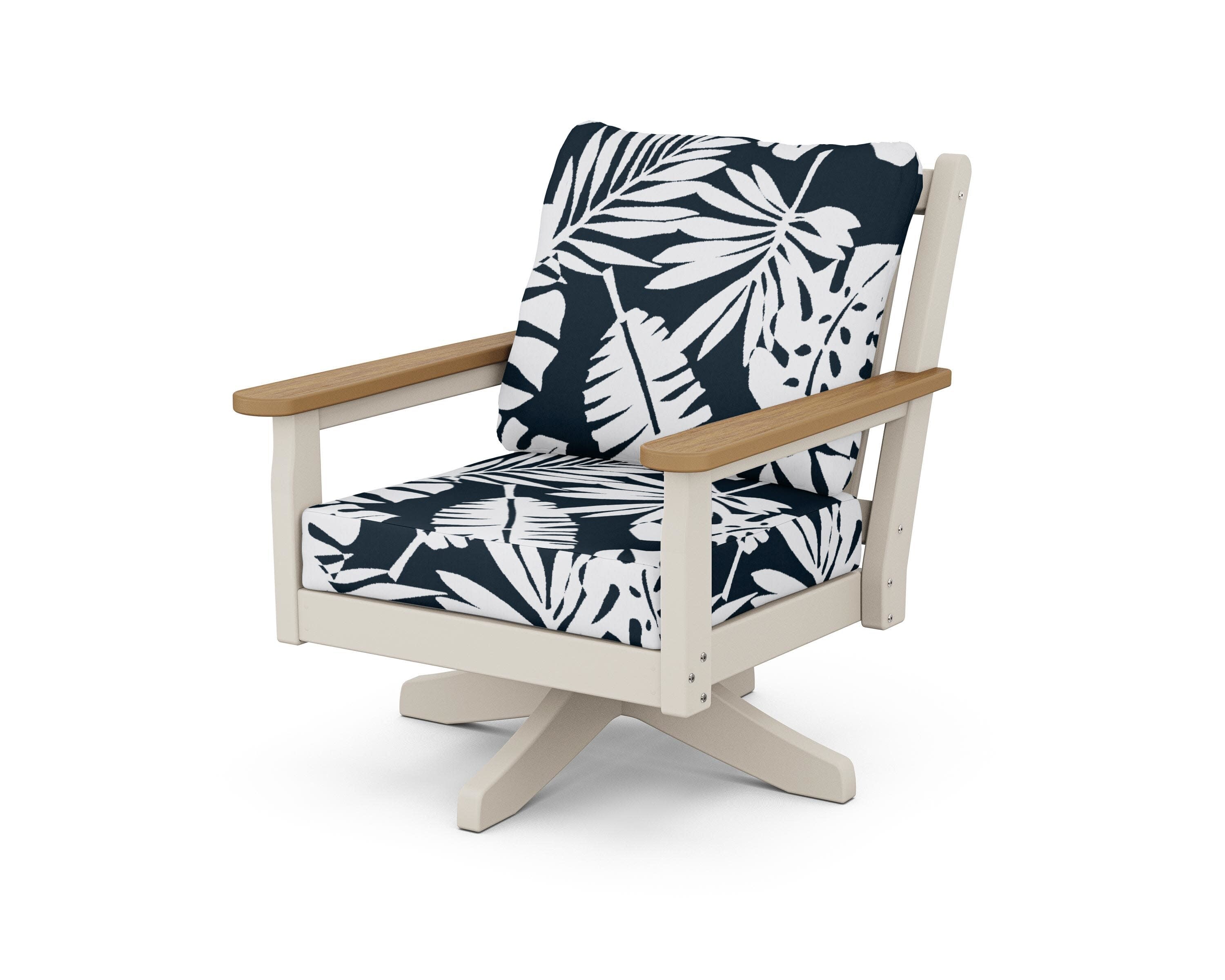 Chippendale Deep Seating Swivel Chair in Sand / Natural / Leaf Marine Indigo