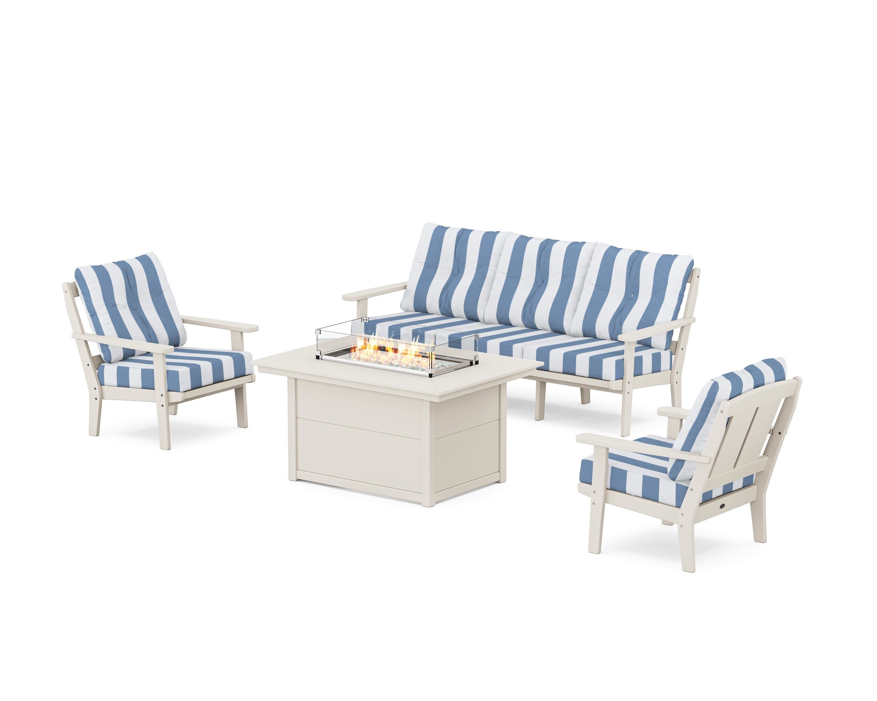 Mission Deep Seating Fire Pit Table Set in Sand / Cabana Stripe Sky Blue