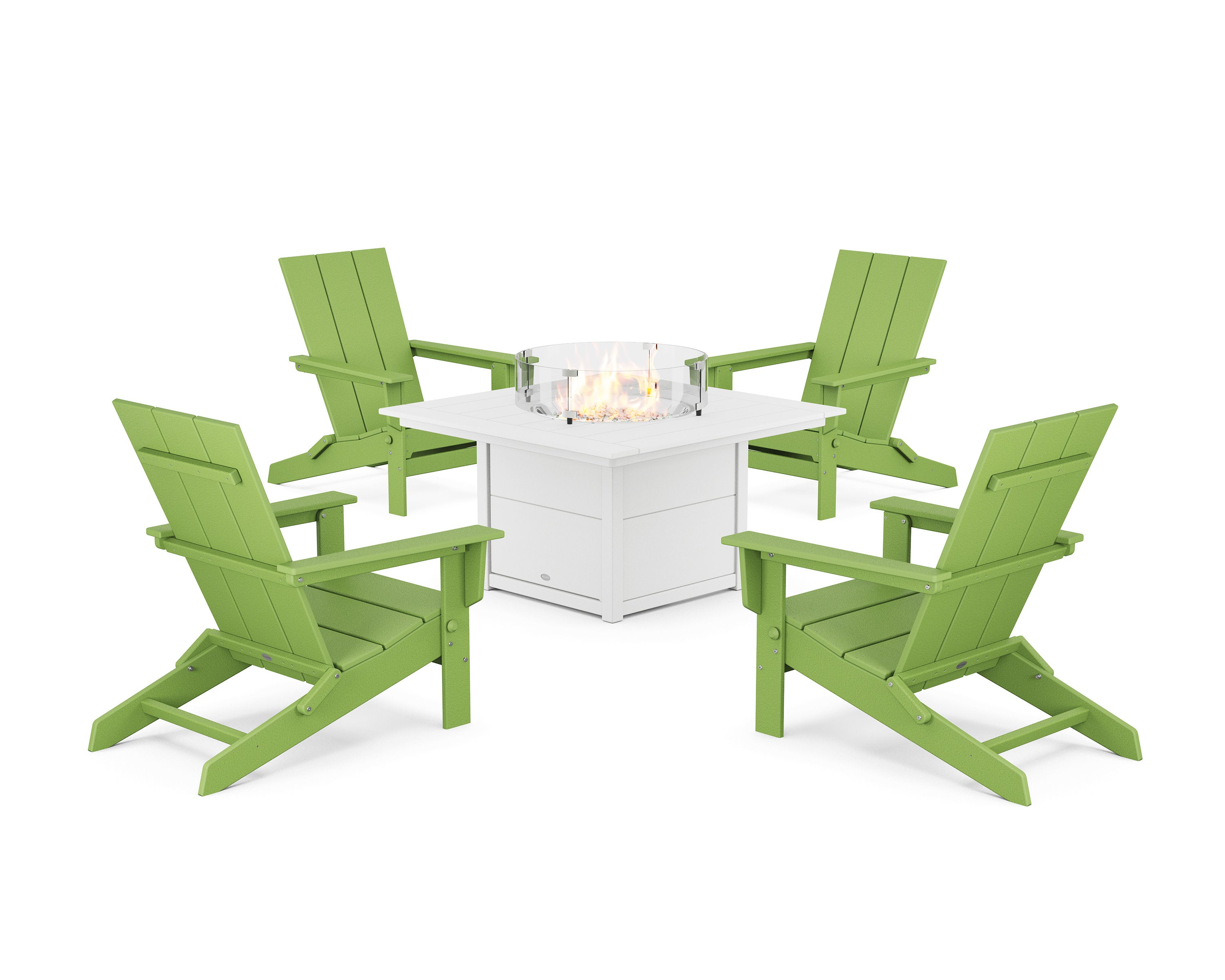 5-Piece Modern Studio Folding Adirondack Conversation Set with Fire Pit Table in Lime / White