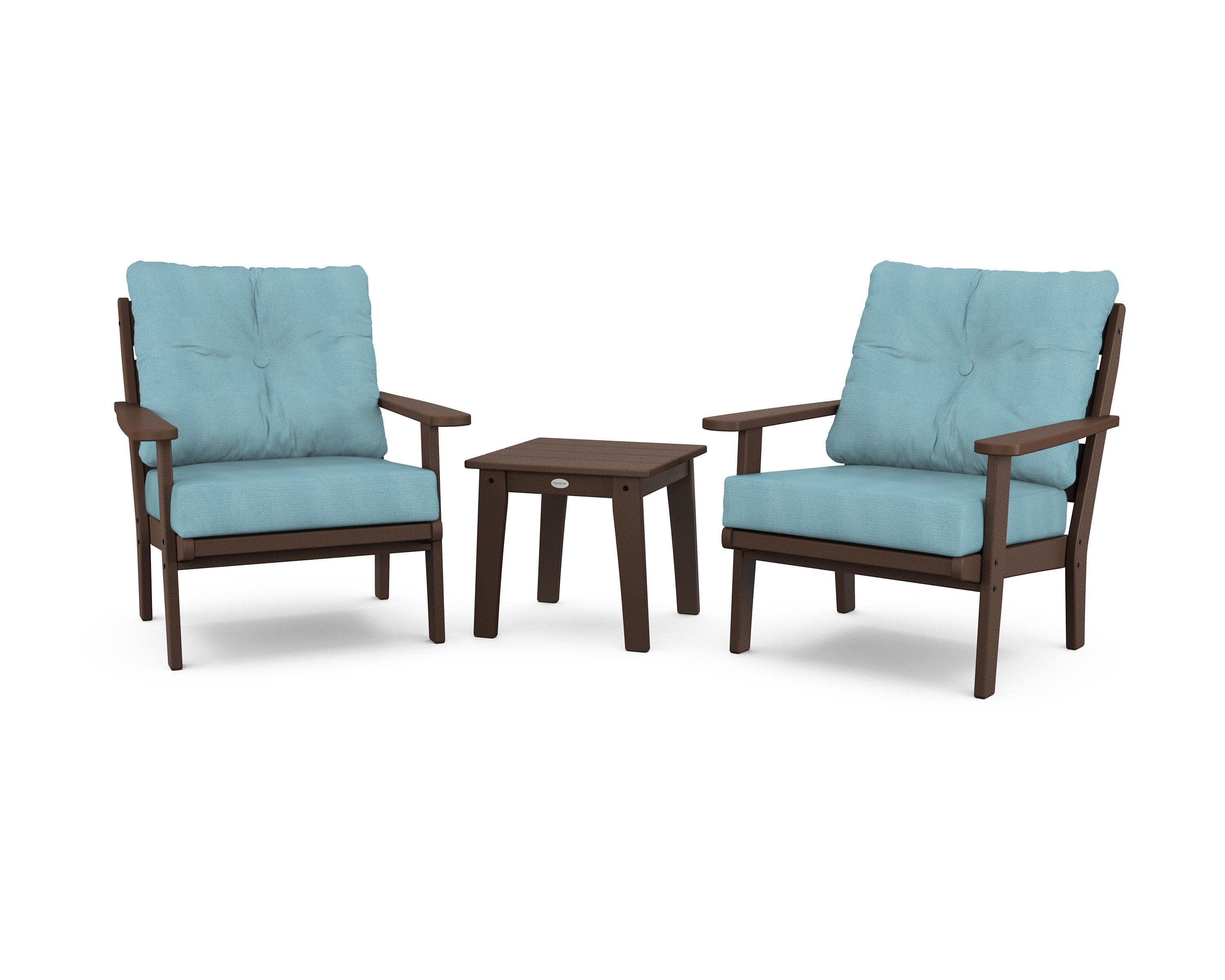 Lakeside 3-Piece Deep Seating Chair Set in Mahogany / Lattice Sky Blue