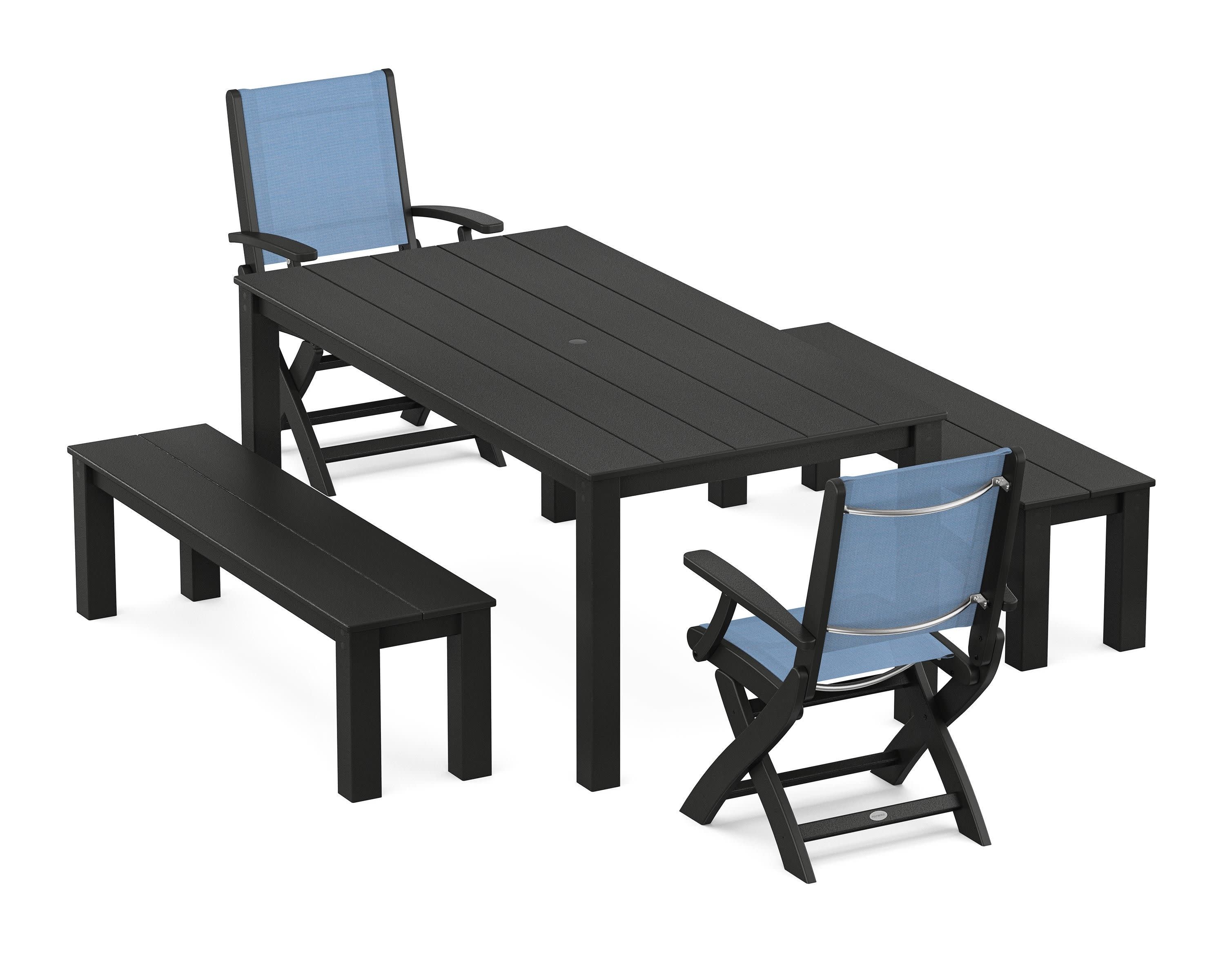Coastal Folding Chair 5-Piece Parsons Dining Set with Benches in Black / Poolside Sling