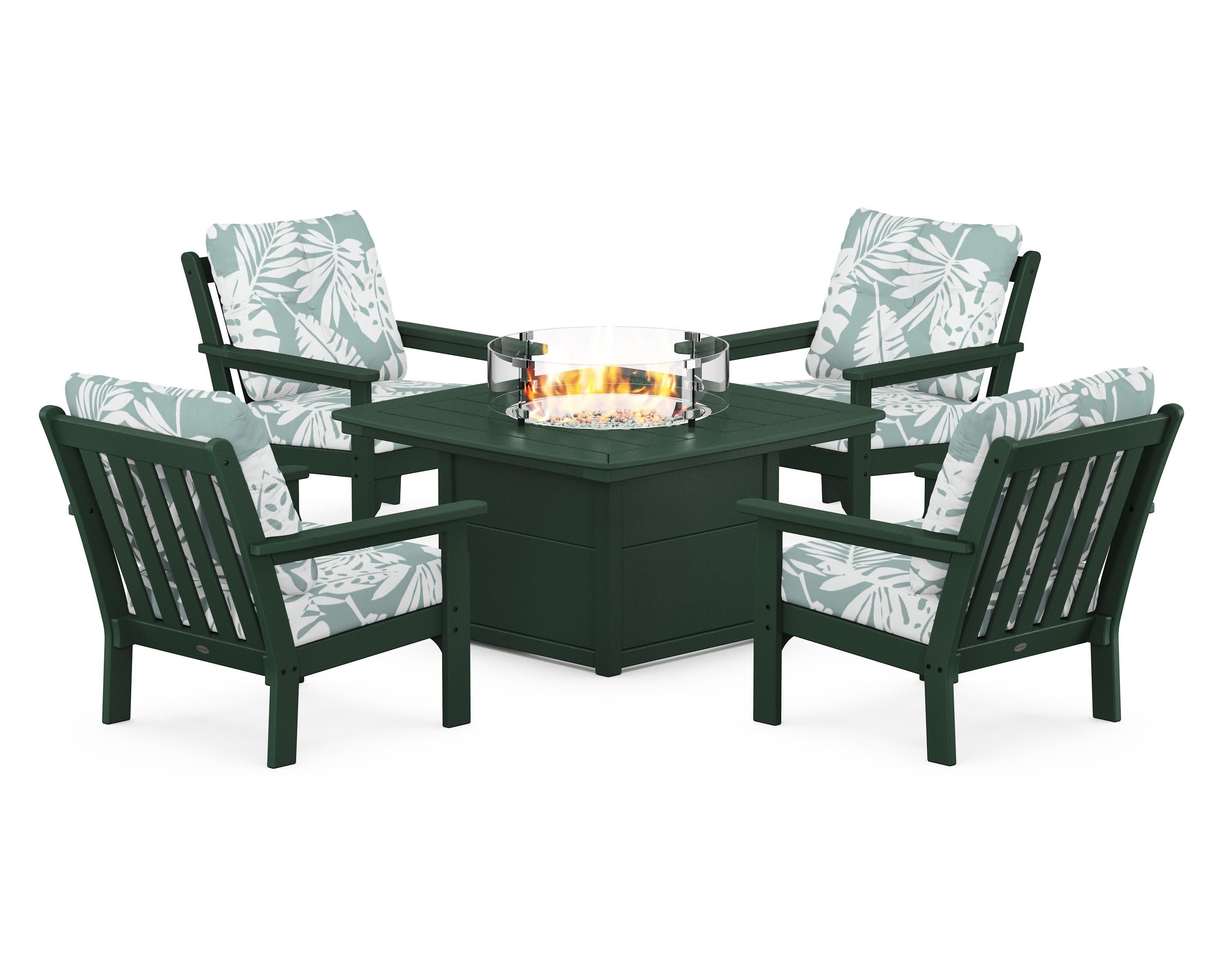 Vineyard 5-Piece Conversation Set with Fire Pit Table in Green / Leaf Glacier Spa