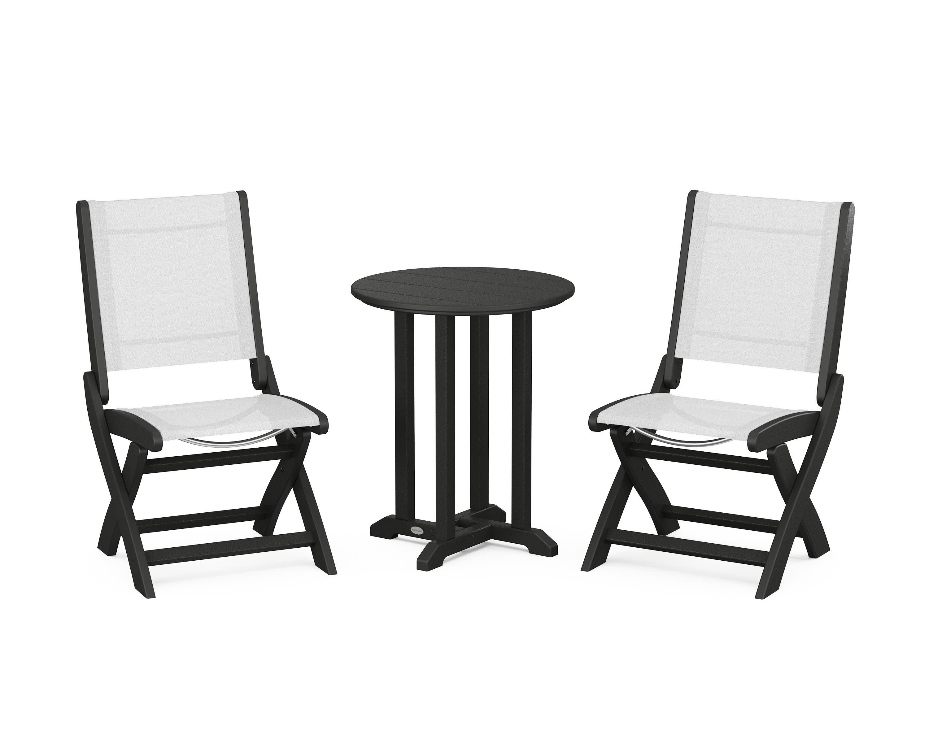 Coastal Folding Side Chair 3-Piece Round Bistro Dining Set in Black / White Sling