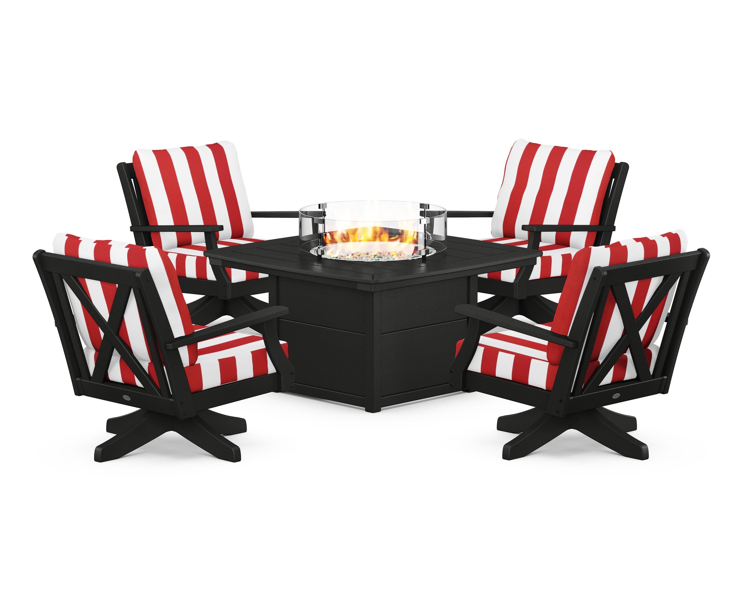 Braxton 5-Piece Deep Seating Swivel Conversation Set with Fire Pit Table in Black / Cabana Stripe Crimson