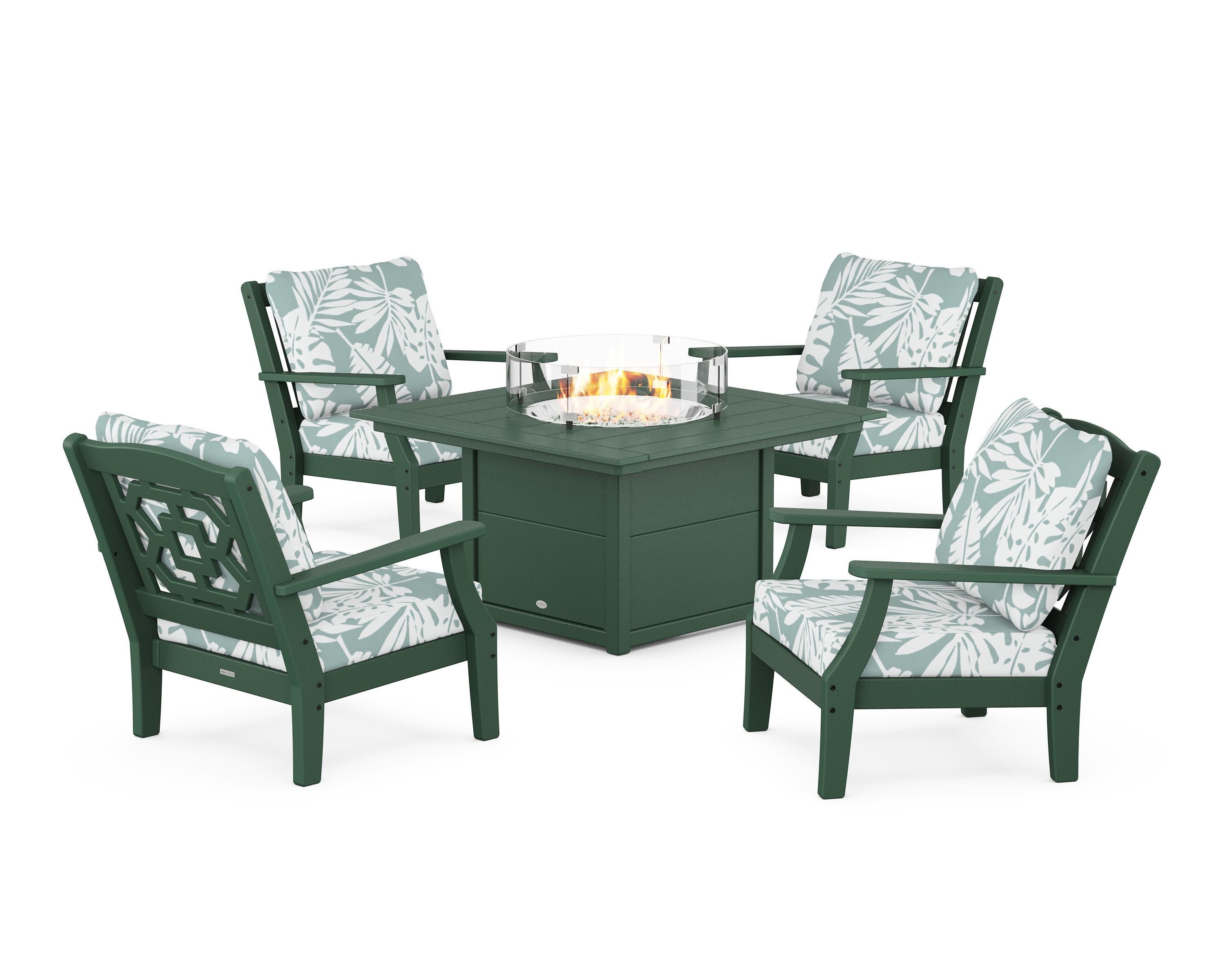 Chinoiserie 5-Piece Deep Seating Set with Fire Pit Table in Green / Leaf Glacier Spa