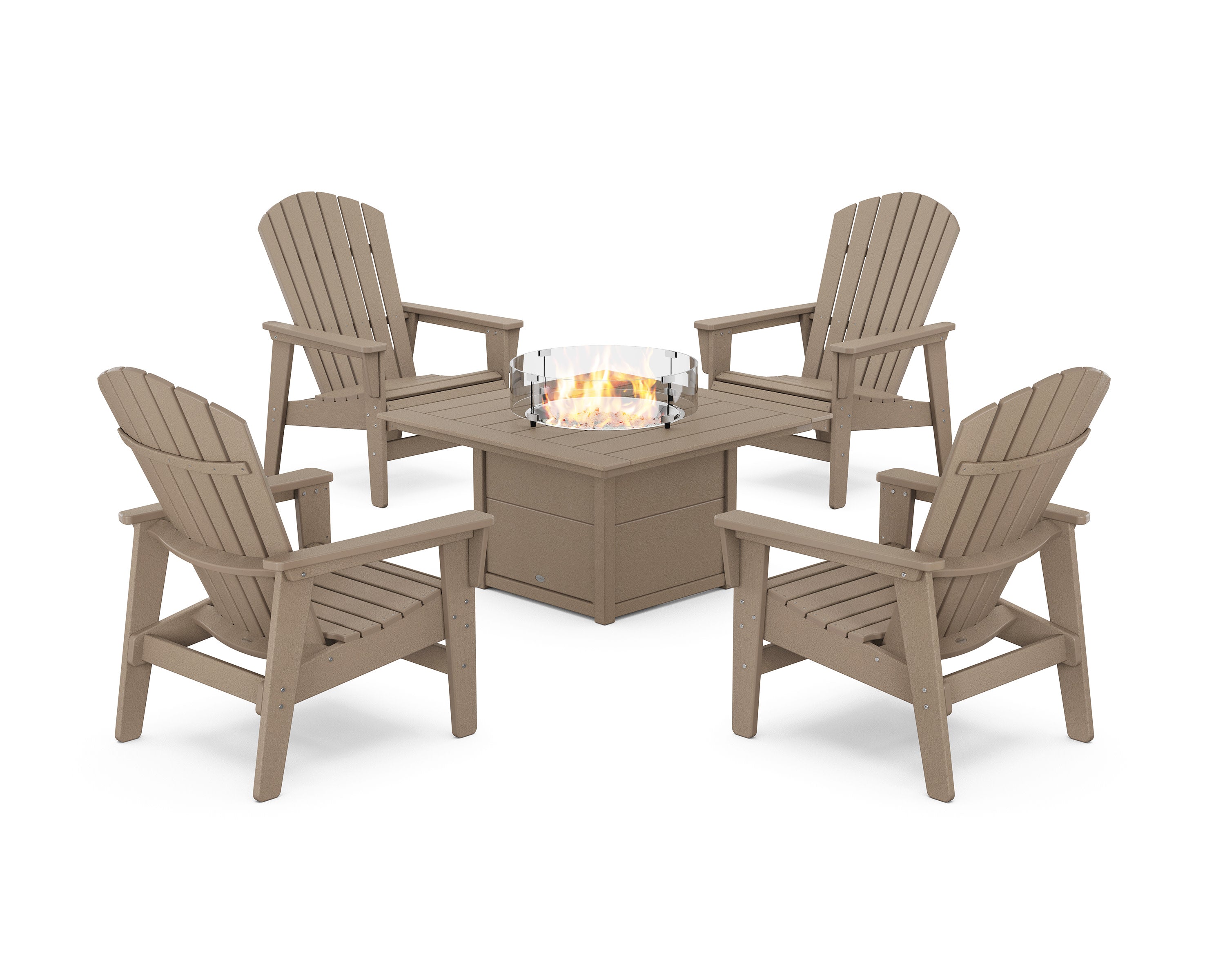 5-Piece Nautical Grand Upright Adirondack Conversation Set with Fire Pit Table in Vintage Sahara