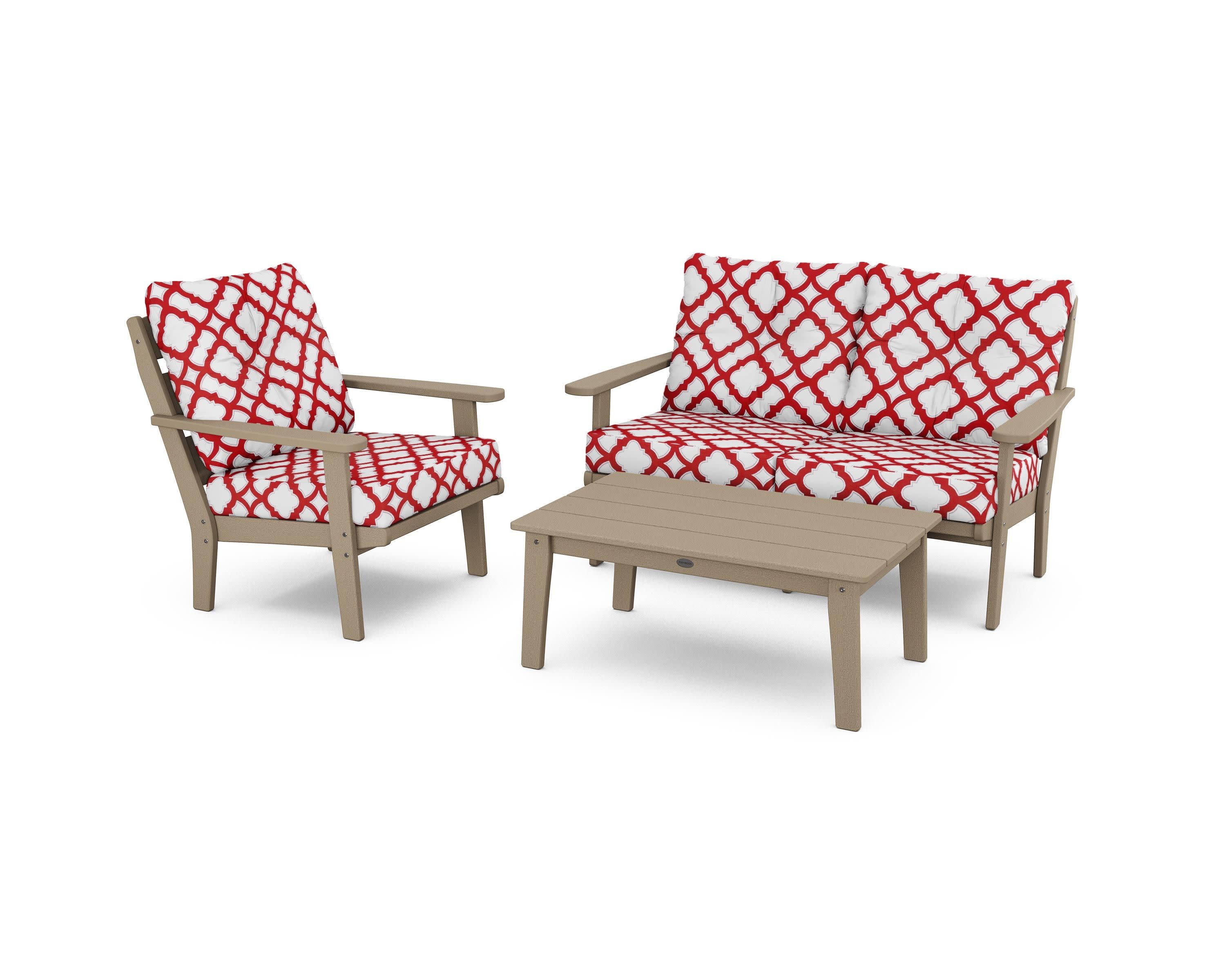 Lakeside 3-Piece Deep Seating Set in Vintage Sahara / Trellis Crimson