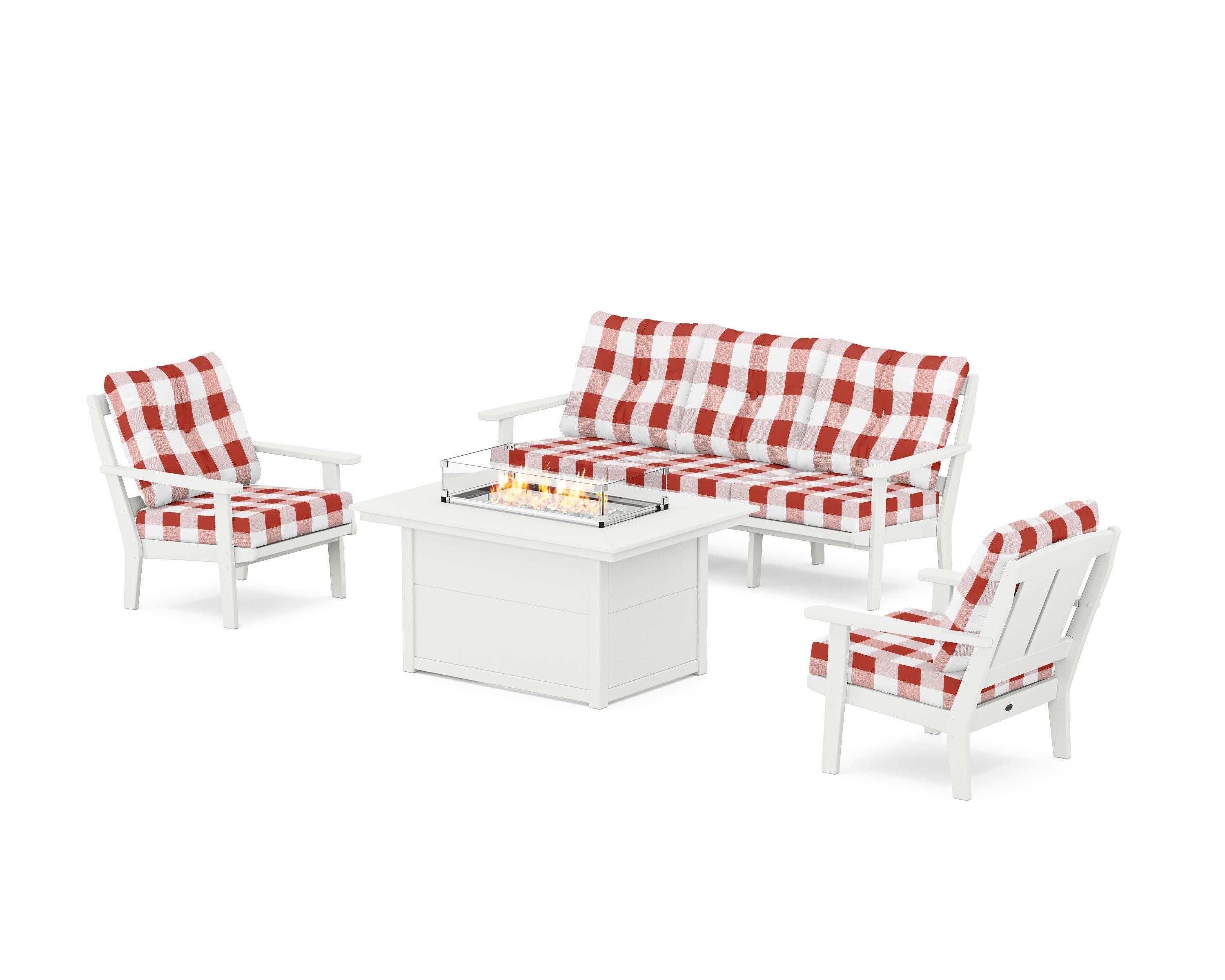 Mission Deep Seating Fire Pit Table Set in White / Buffalo Plaid Crimson