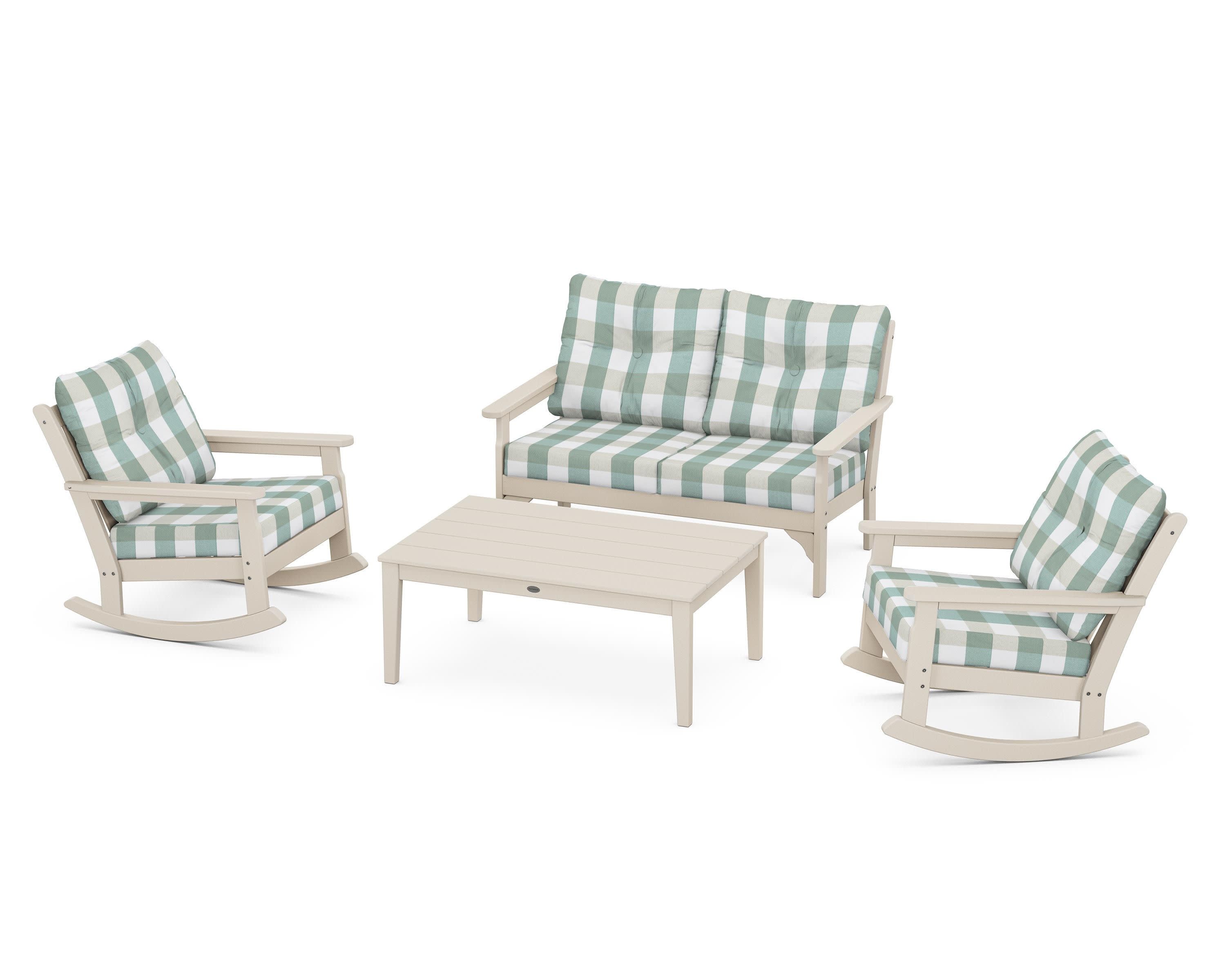 Vineyard 4-Piece Deep Seating Rocking Chair Set in Sand / Buffalo Plaid Glacier Spa