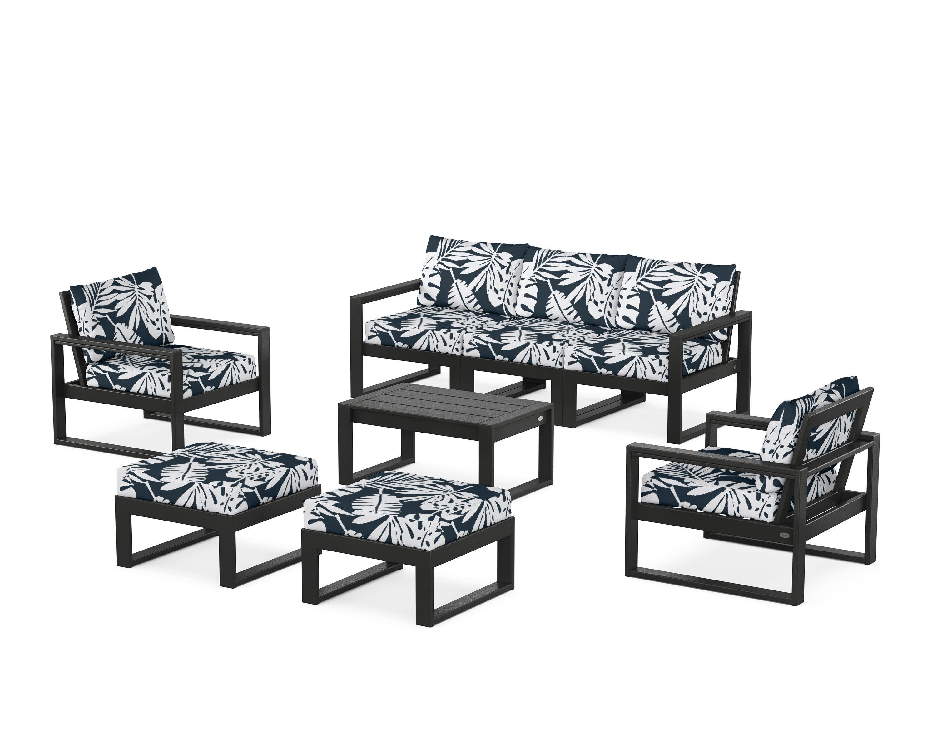EDGE Sectional 8-Piece Lounge Sofa Set in Black / Leaf Marine Indigo