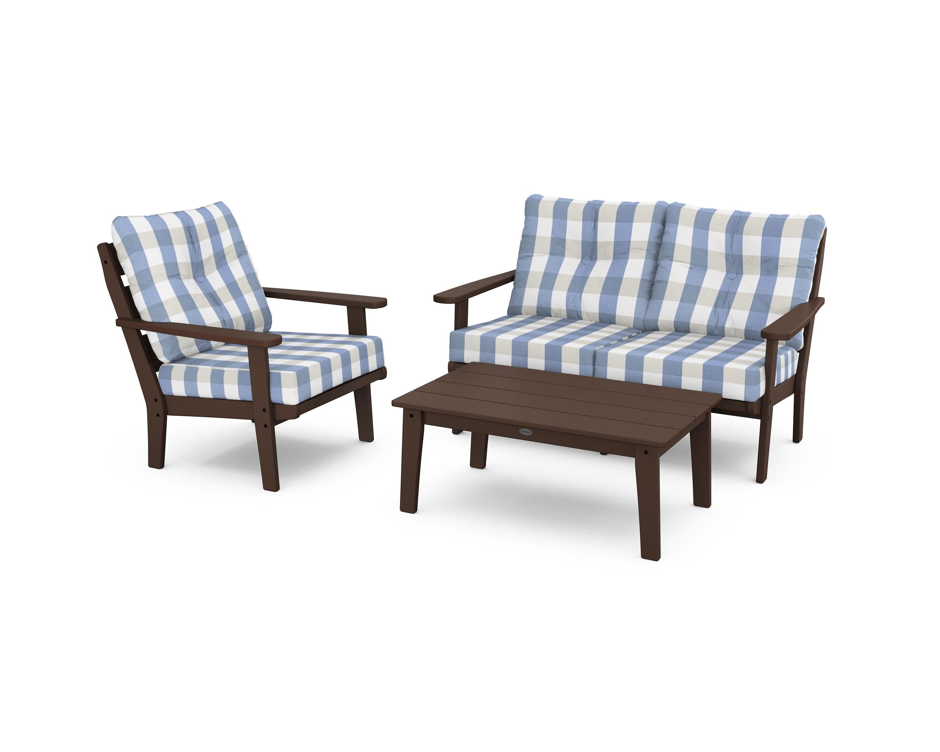 Lakeside 3-Piece Deep Seating Set in Mahogany / Buffalo Plaid Sky Blue