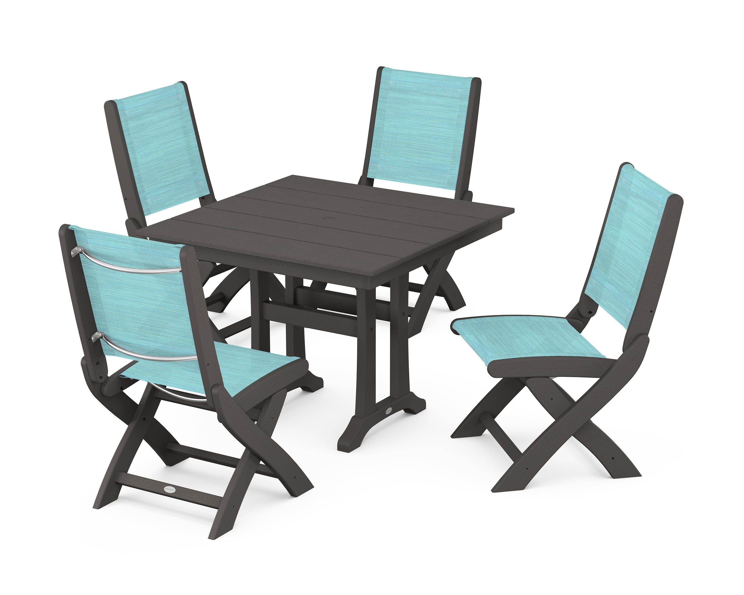 Coastal Folding Side Chair 5-Piece Farmhouse Dining Set With Trestle Legs in Vintage Coffee / Dupioni Aquamarine Sling