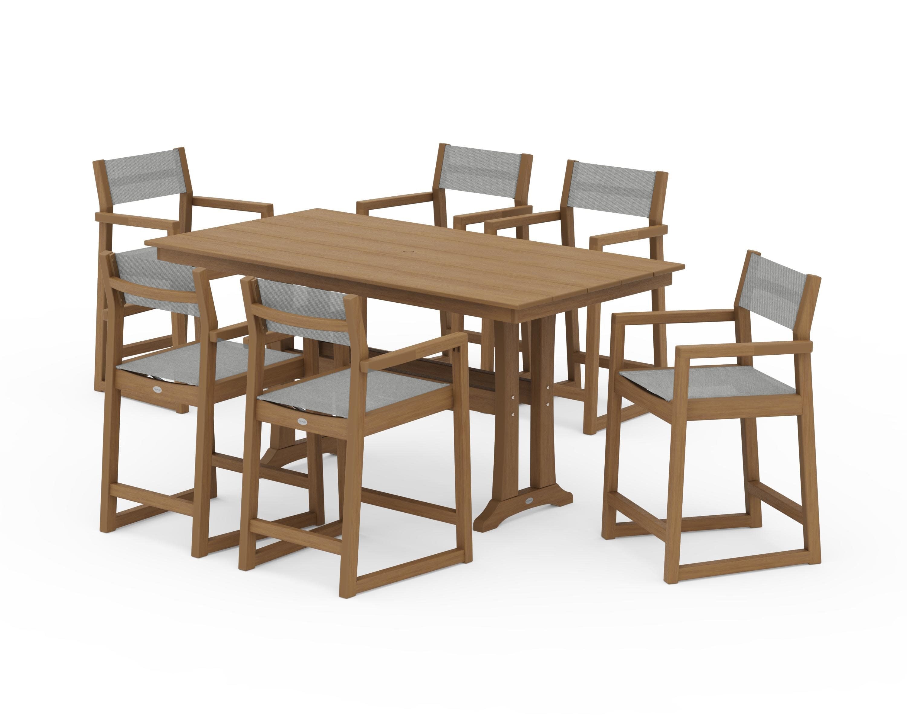 EDGE Sling Arm Chair 7-Piece Farmhouse Counter Set with Trestle Legs in Natural / Metallic Sling