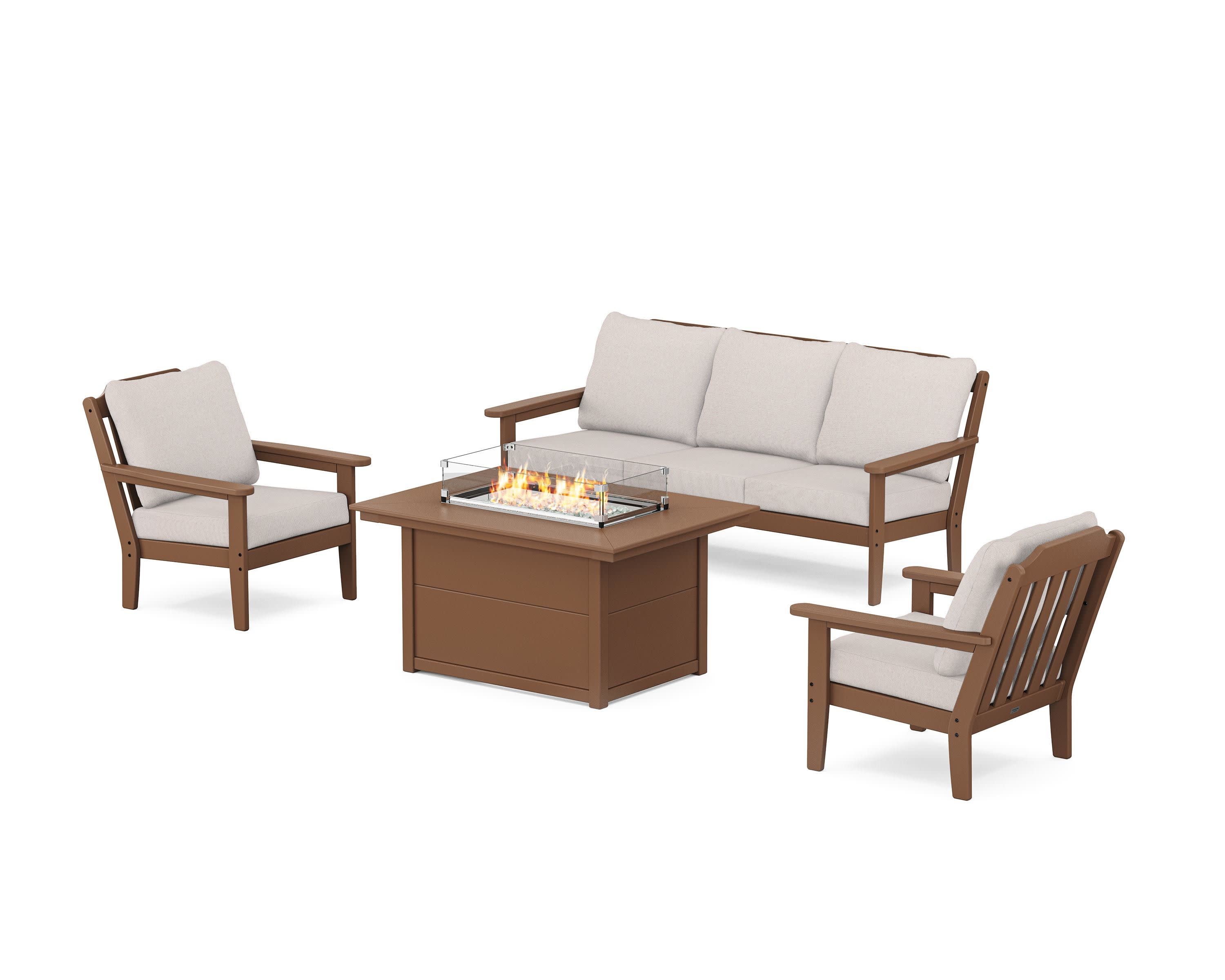 Cottage Deep Seating Fire Pit Table Set in Teak / Dune Burlap
