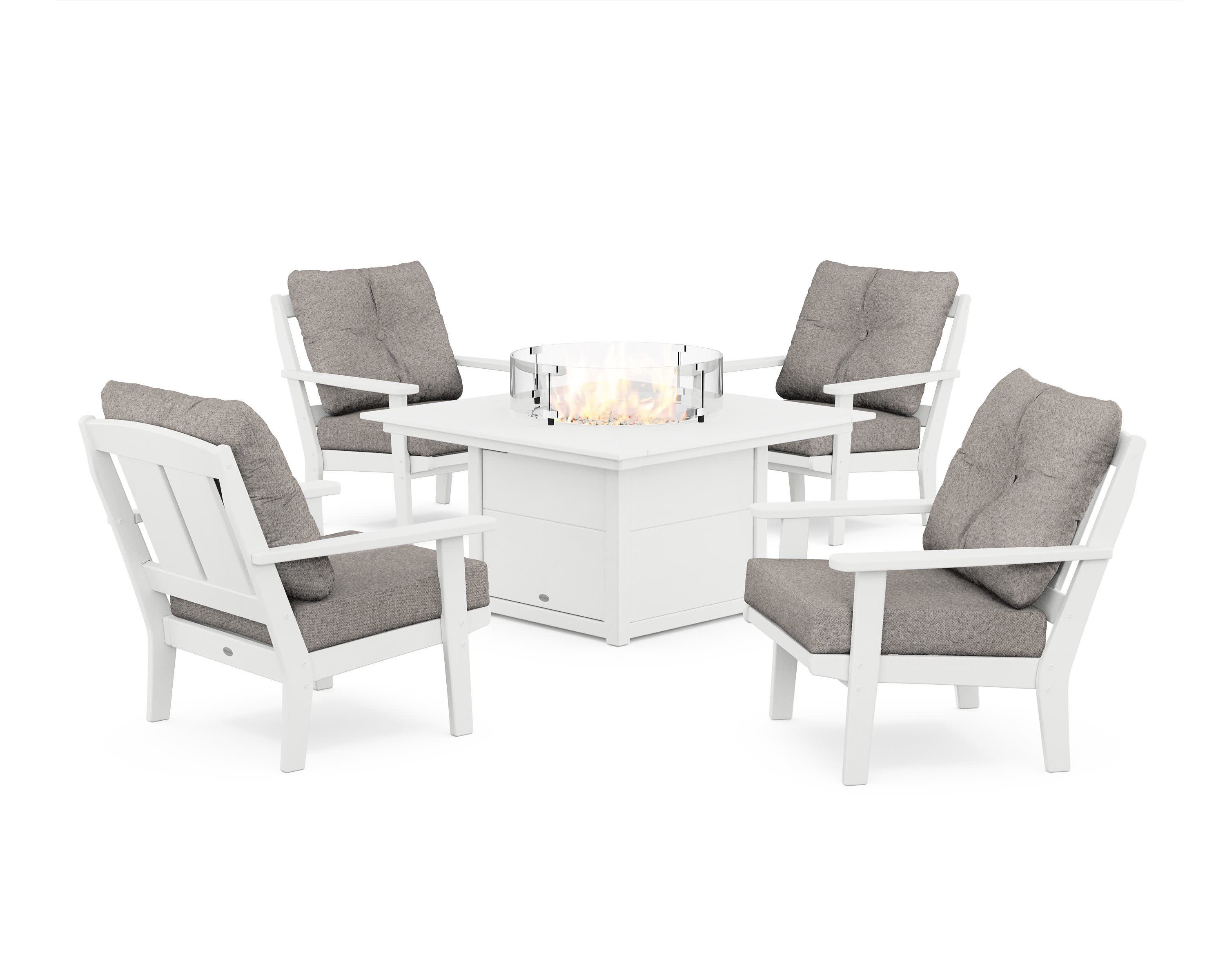 Mission 5-Piece Deep Seating Set with Fire Pit Table in White / Weathered Tweed
