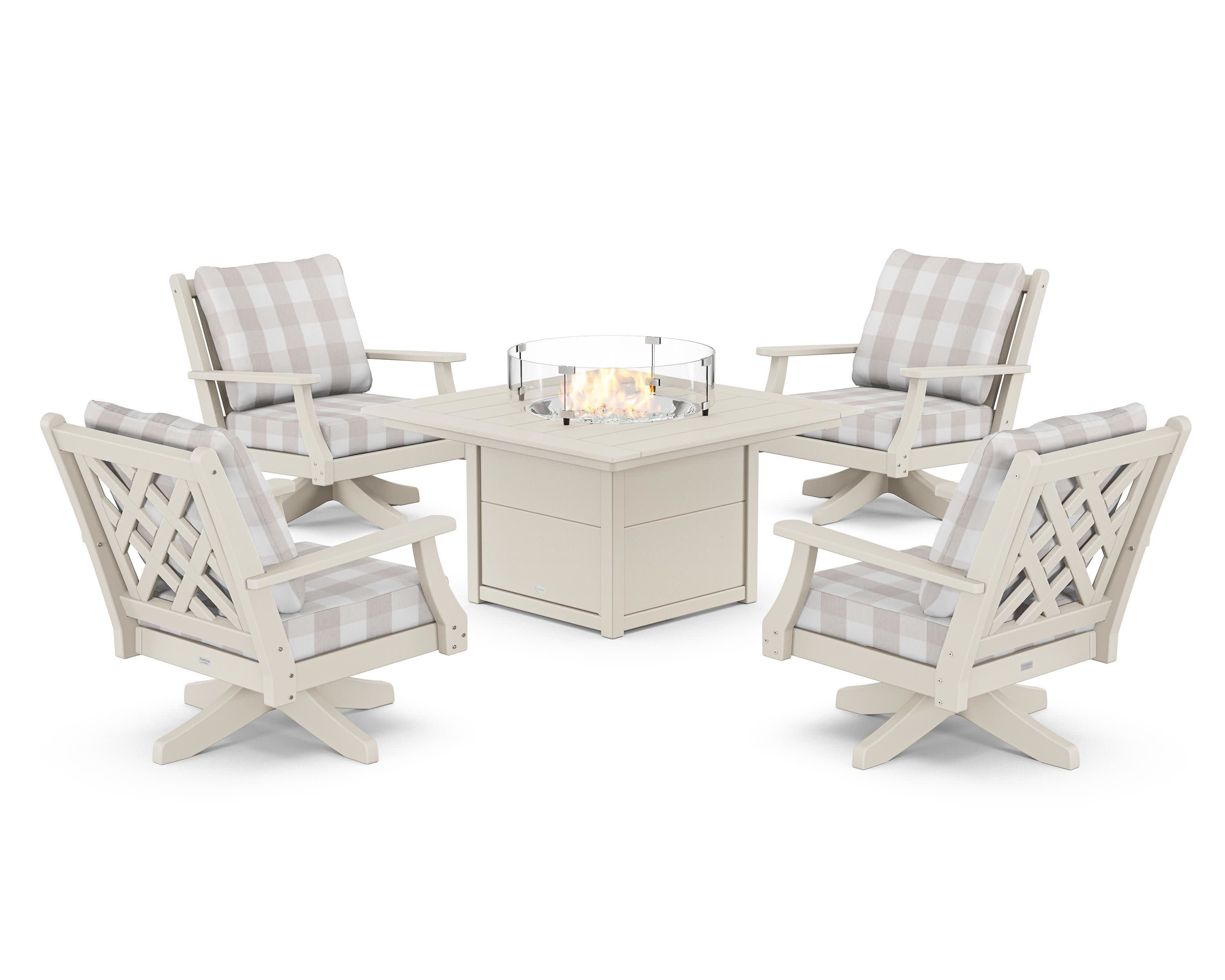 Wovendale 5-Piece Deep Seating Swivel Conversation Set with Fire Pit Table in Sand / Buffalo Plaid Dune Burlap