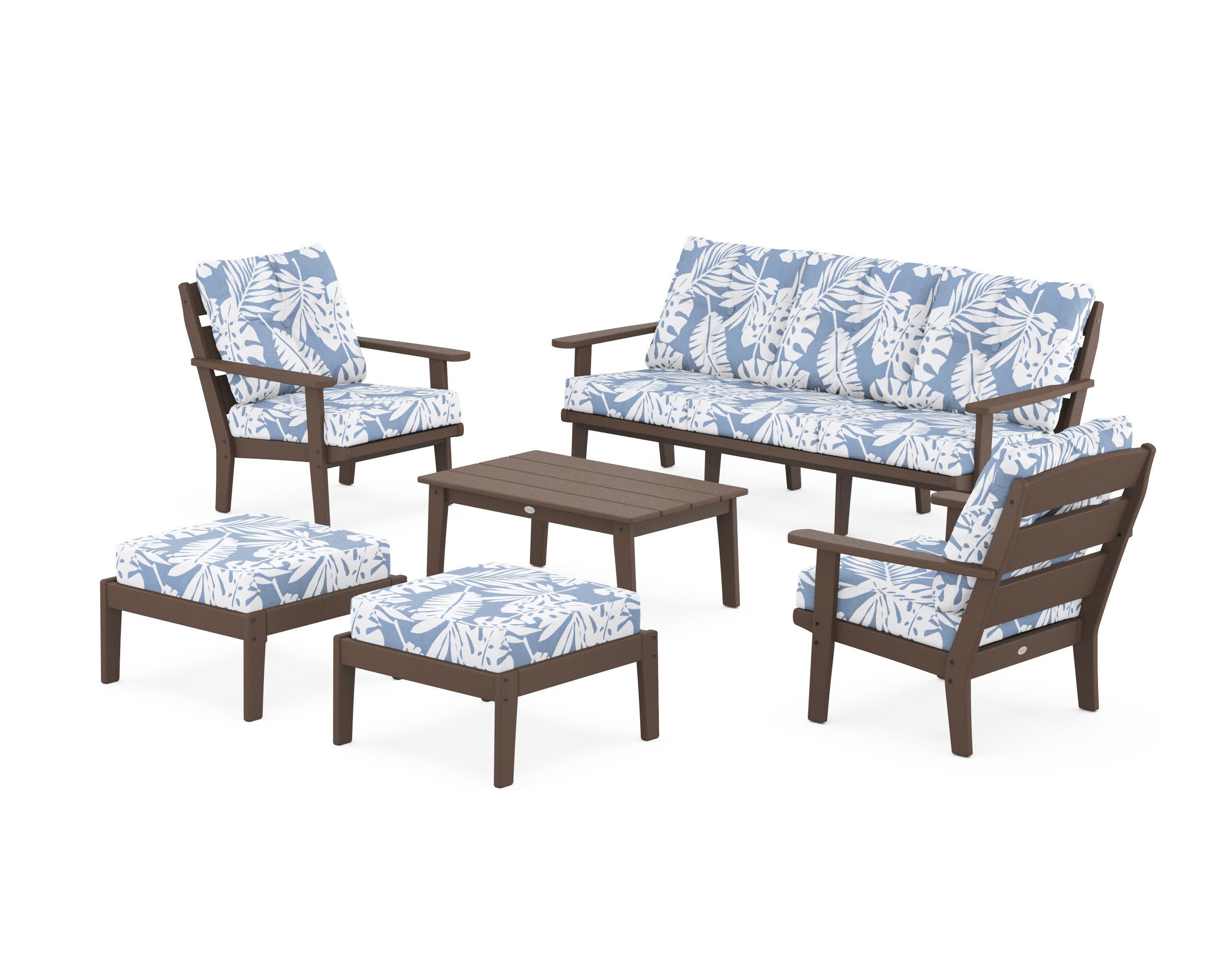 Lakeside 6-Piece Lounge Sofa Set in Mahogany / Leaf Sky Blue