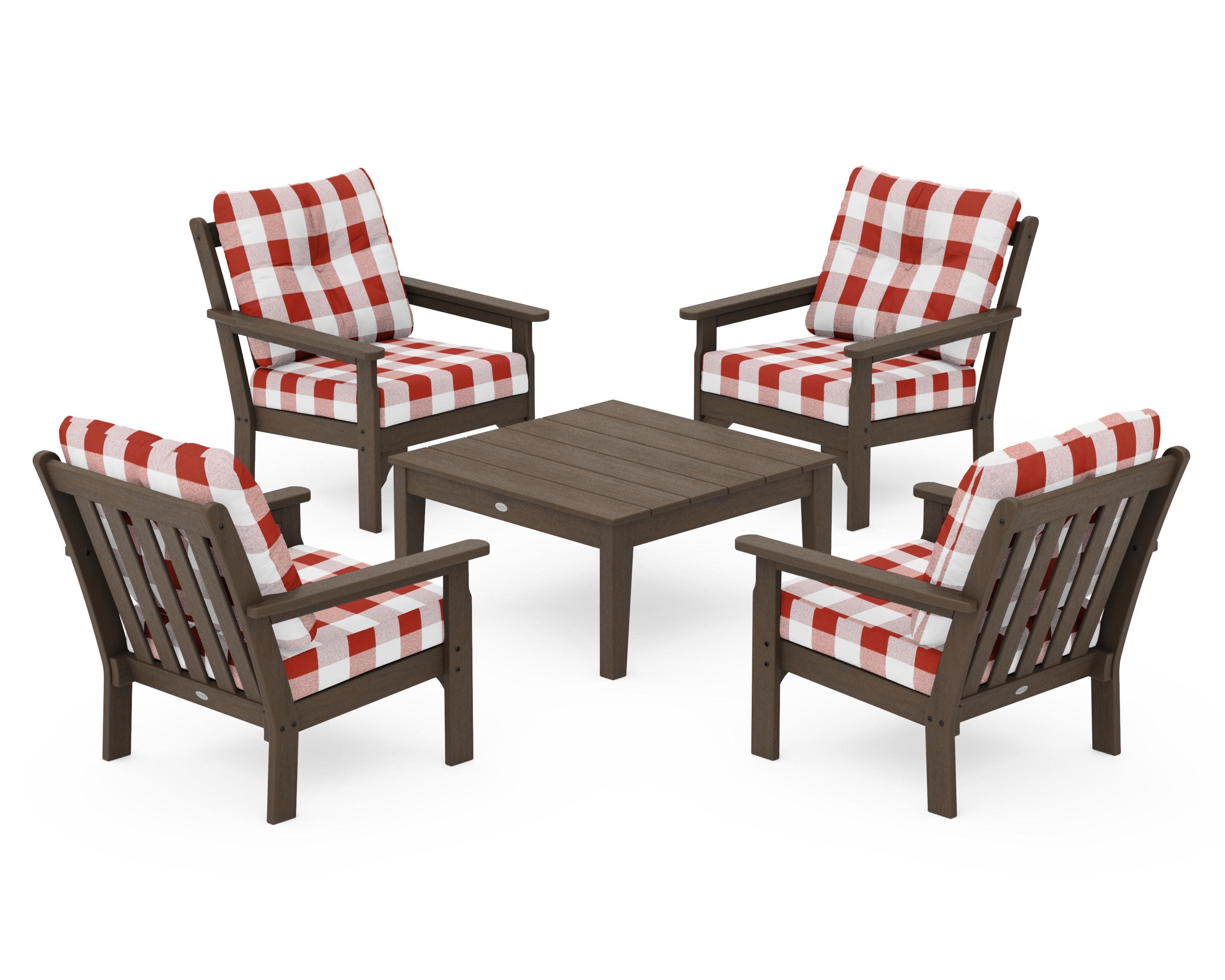 Vineyard 5-Piece Deep Seating Conversation Set in Kona / Buffalo Plaid Crimson