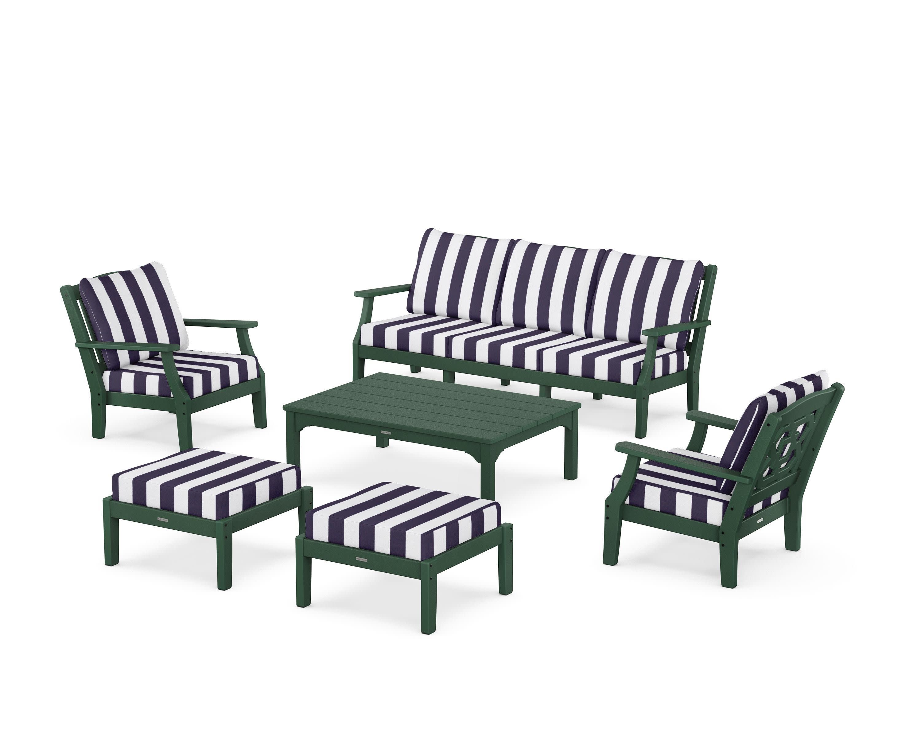 Chinoiserie 6-Piece Lounge Sofa Set in Green / Cabana Stripe Navy