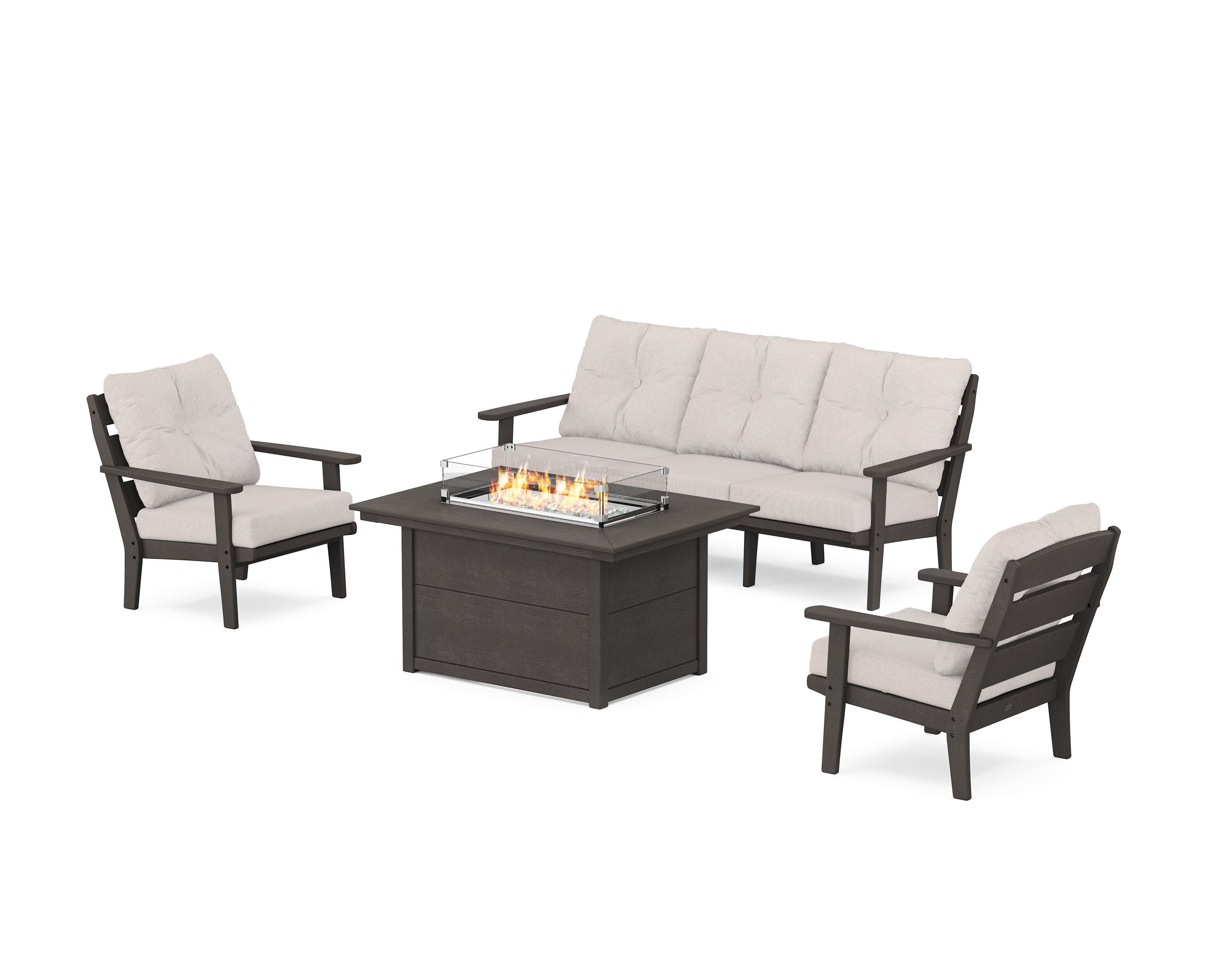 Lakeside Deep Seating Fire Pit Table Set in Vintage Coffee / Dune Burlap