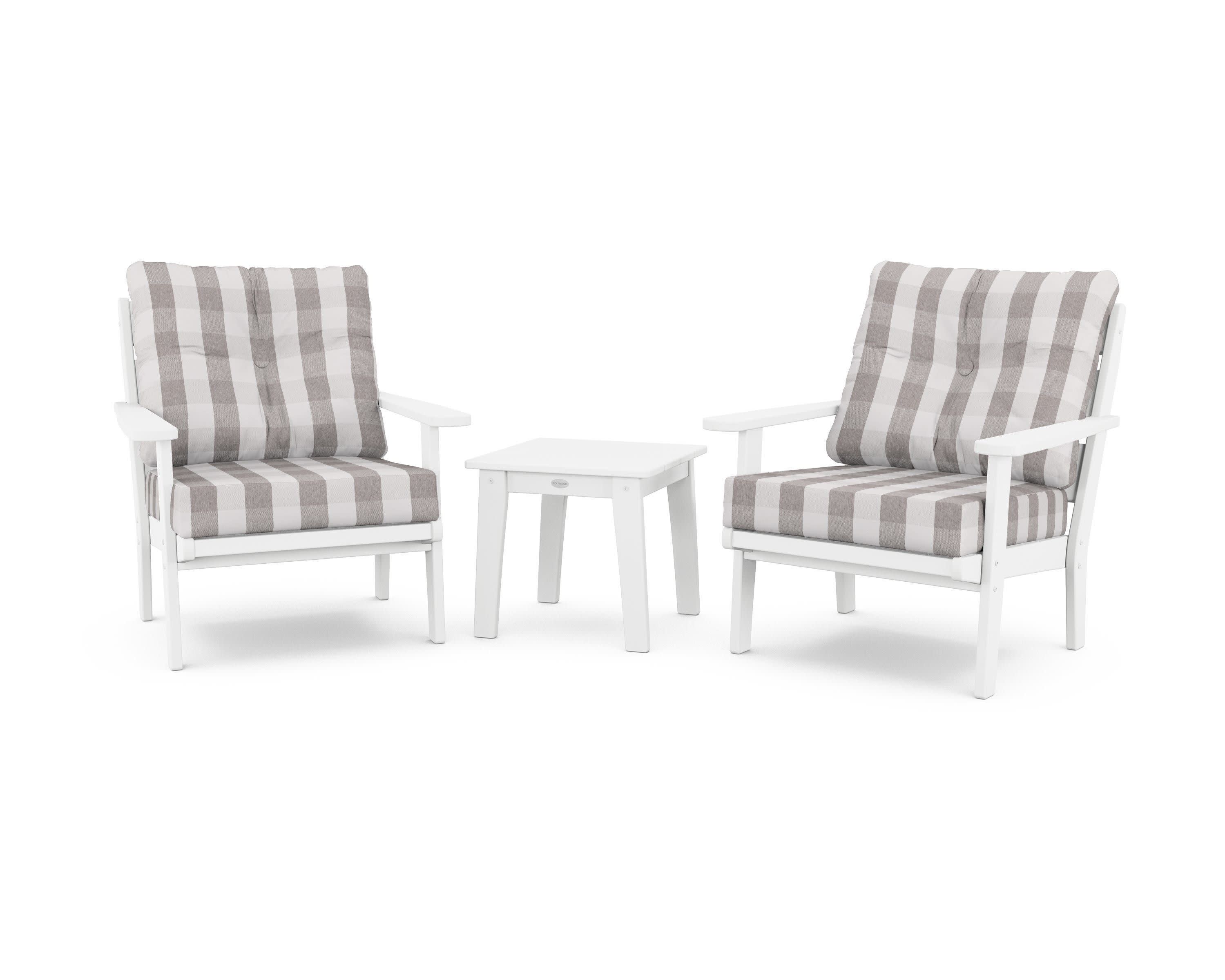 Lakeside 3-Piece Deep Seating Chair Set in White / Buffalo Plaid Grey Mist