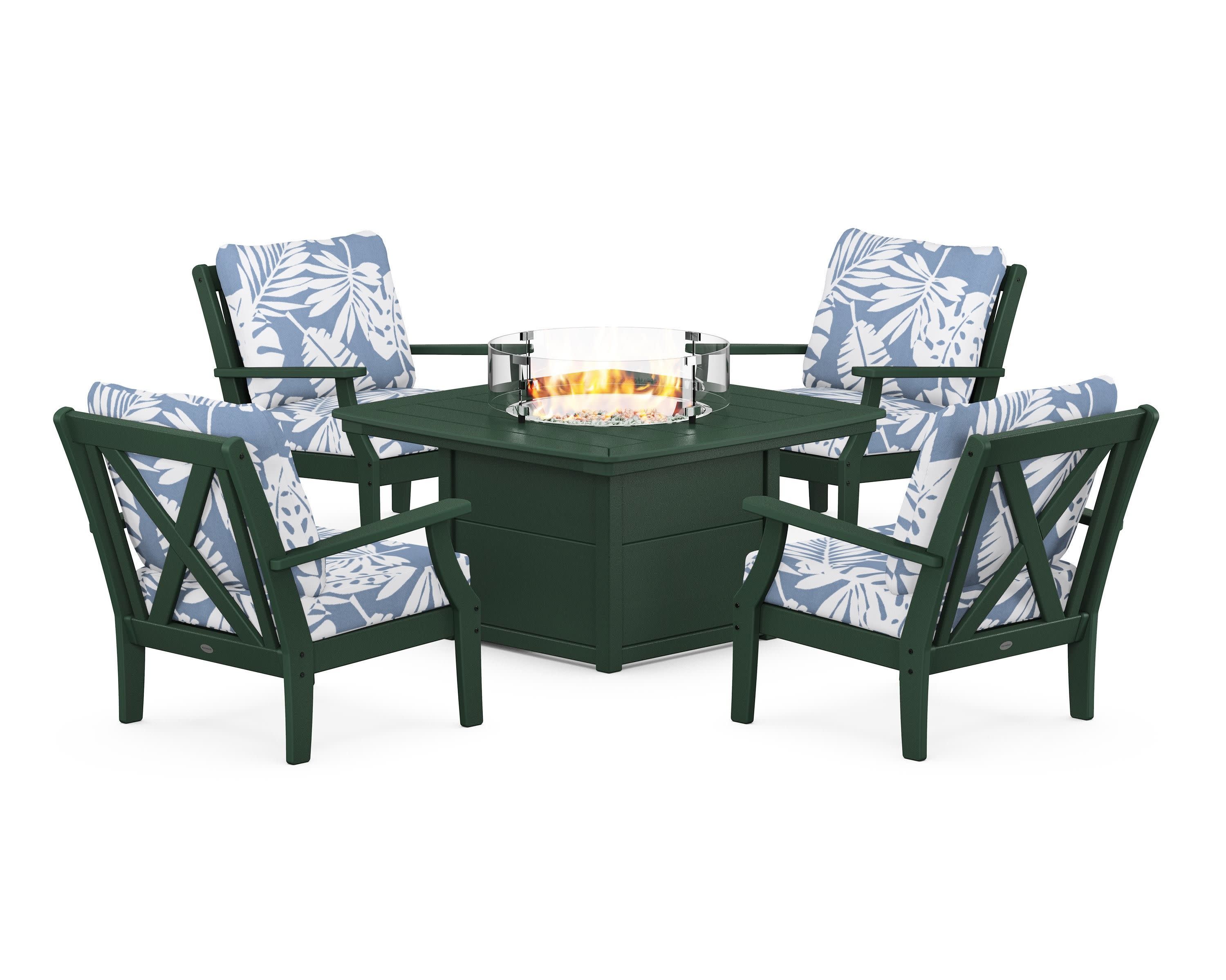 Braxton 5-Piece Deep Seating Conversation Set with Fire Pit Table in Green / Leaf Sky Blue