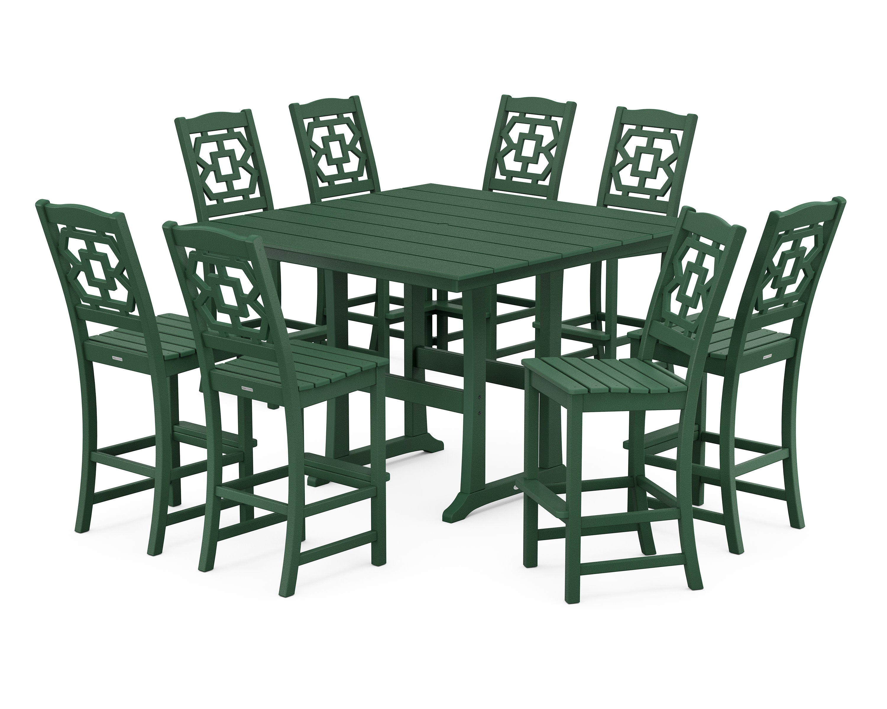 Chinoiserie 9-Piece Square Farmhouse Side Chair Bar Set with Trestle Legs in Green
