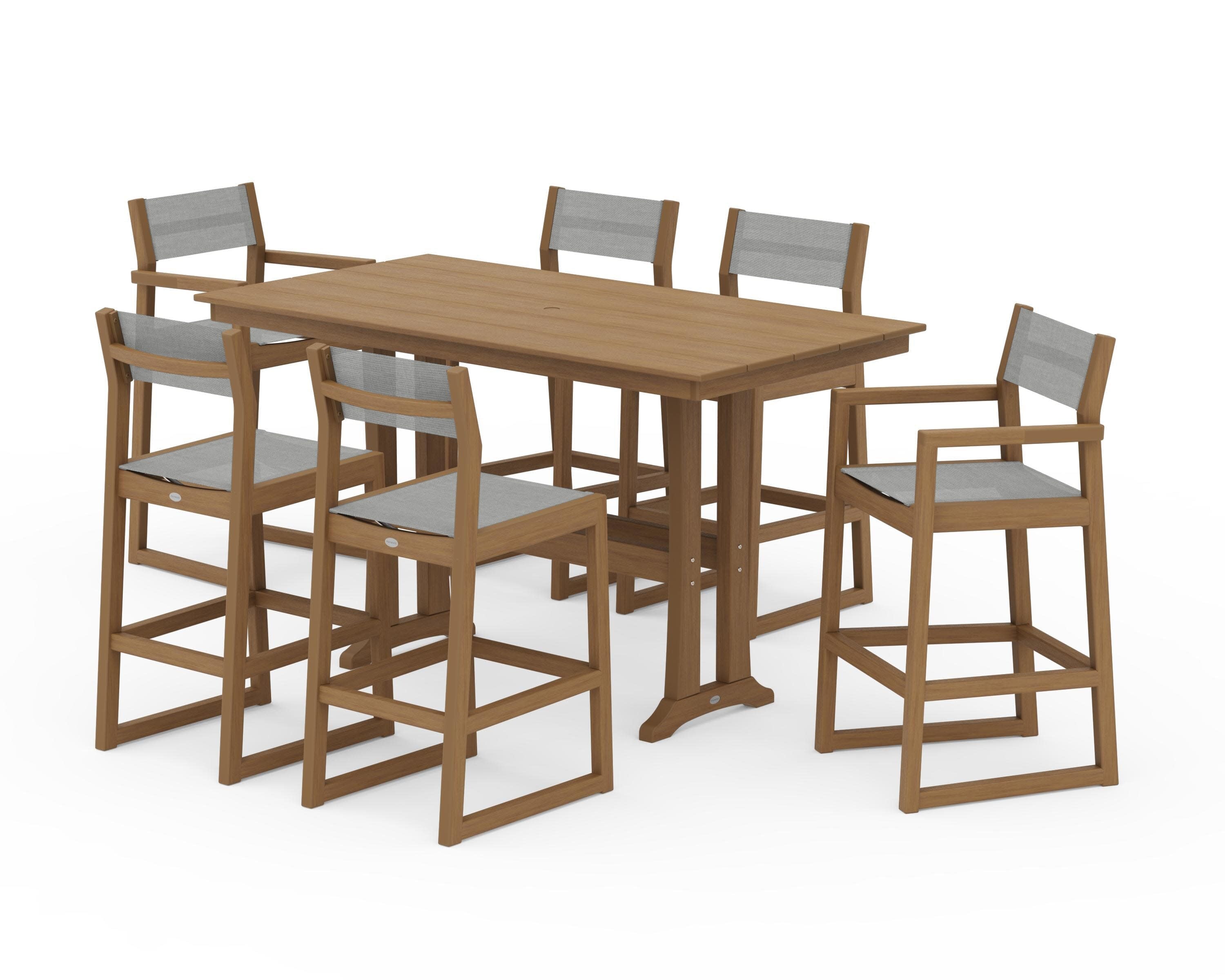 EDGE Sling 7-Piece Farmhouse Bar Set with Trestle Legs in Natural / Metallic Sling