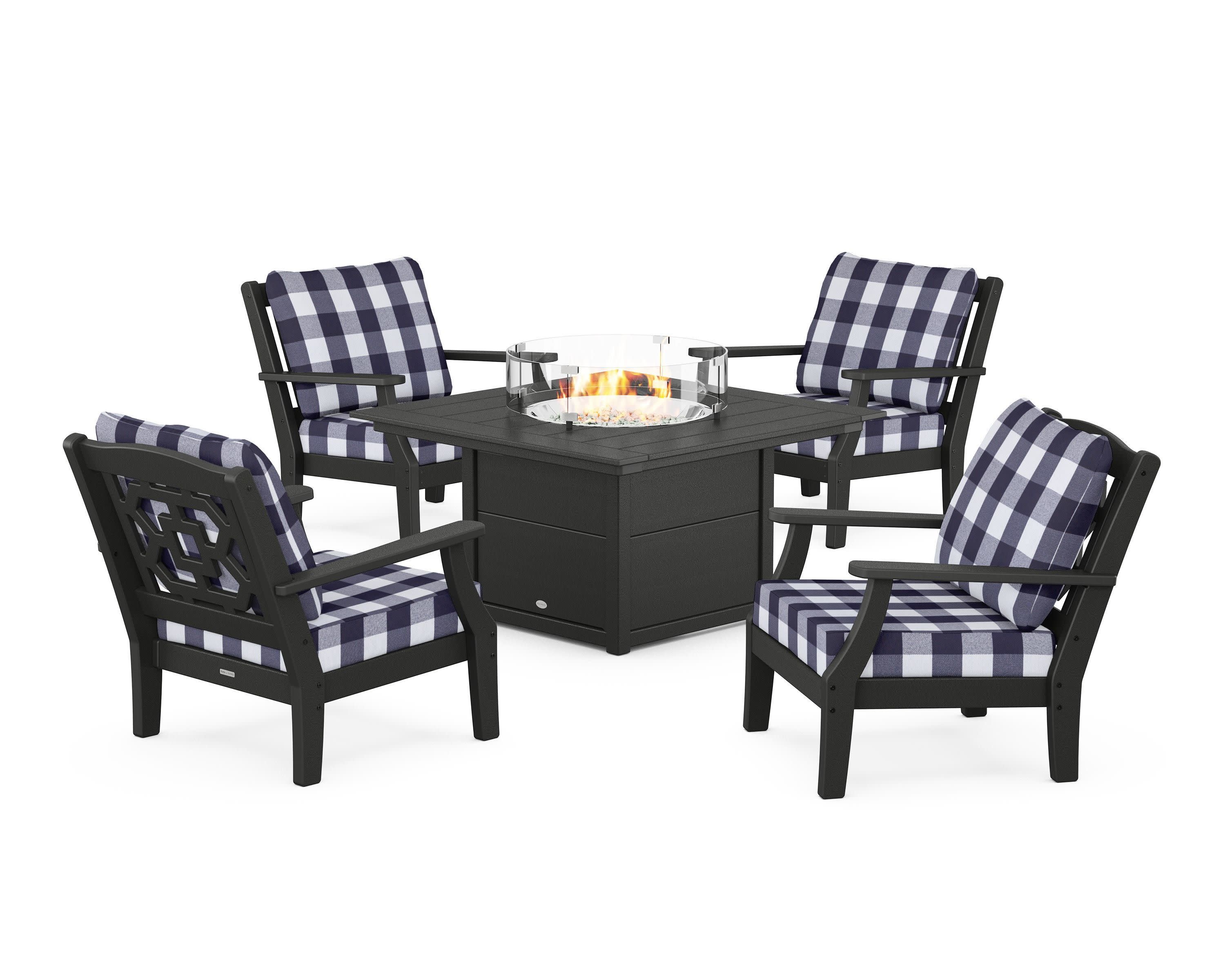 Chinoiserie 5-Piece Deep Seating Set with Fire Pit Table in Black / Buffalo Plaid Navy
