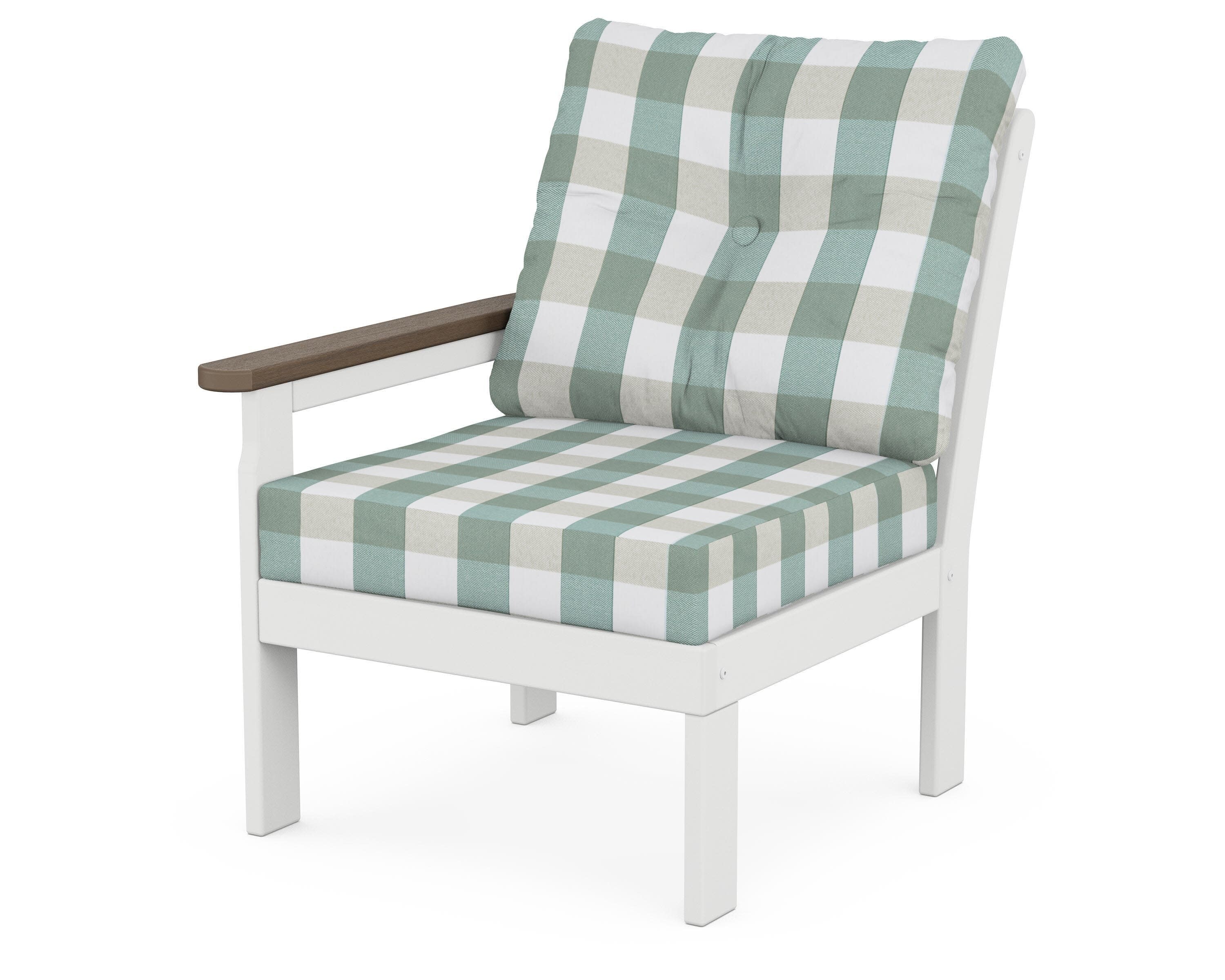 Vineyard Modular Left Arm Chair in White / Kona / Buffalo Plaid Glacier Spa