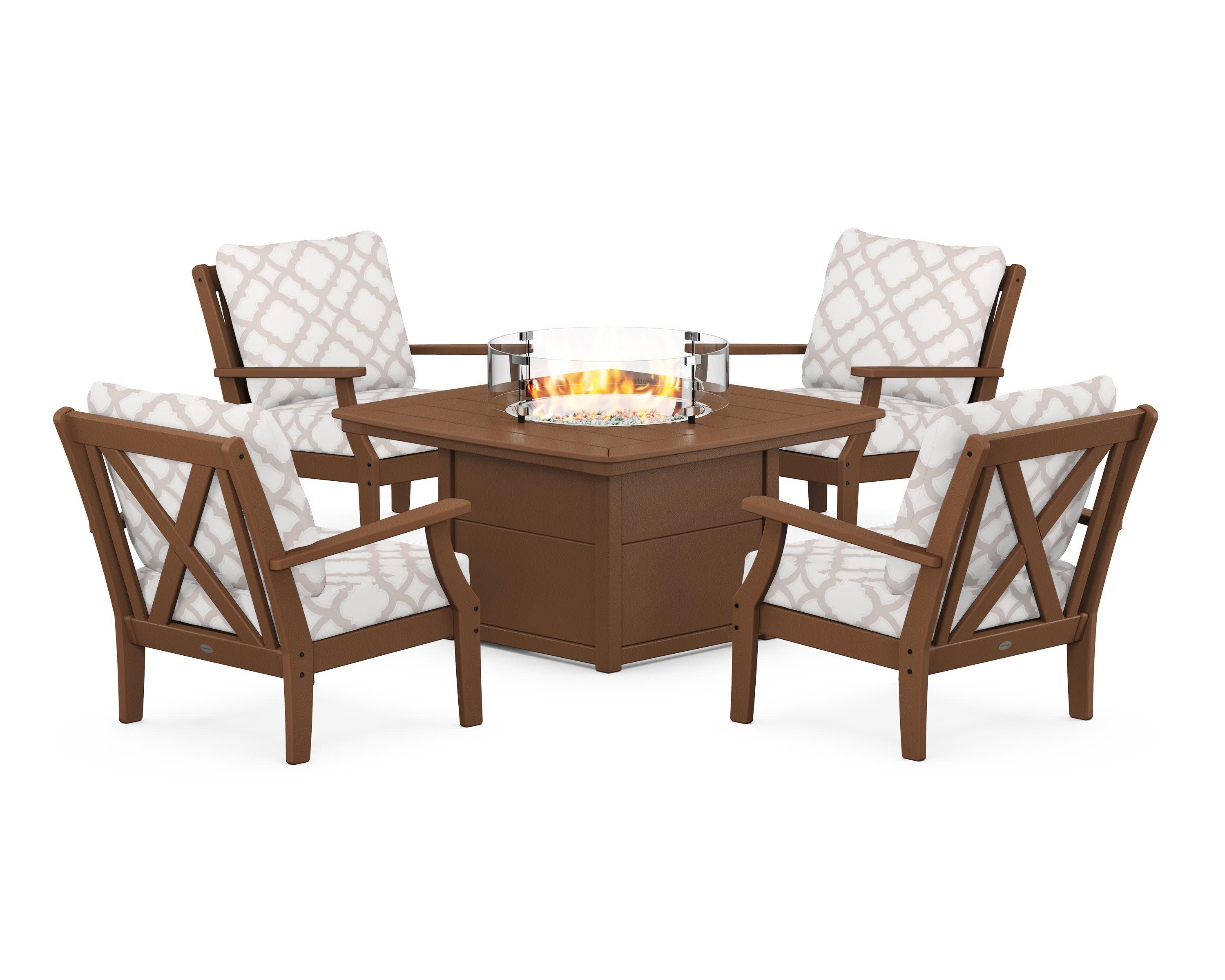 Braxton 5-Piece Deep Seating Conversation Set with Fire Pit Table in Teak / Trellis Dune Burlap