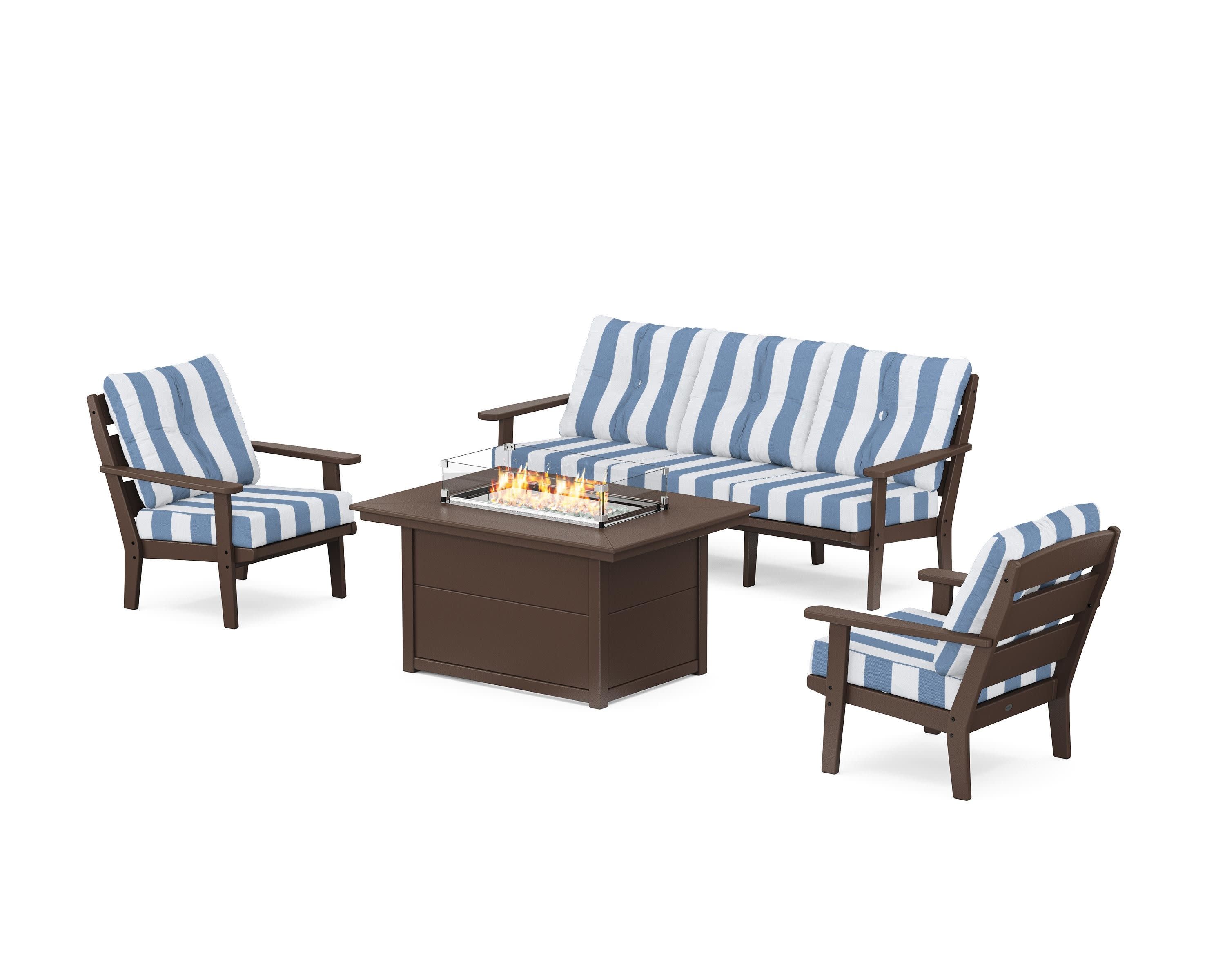 Lakeside Deep Seating Fire Pit Table Set in Mahogany / Cabana Stripe Sky Blue