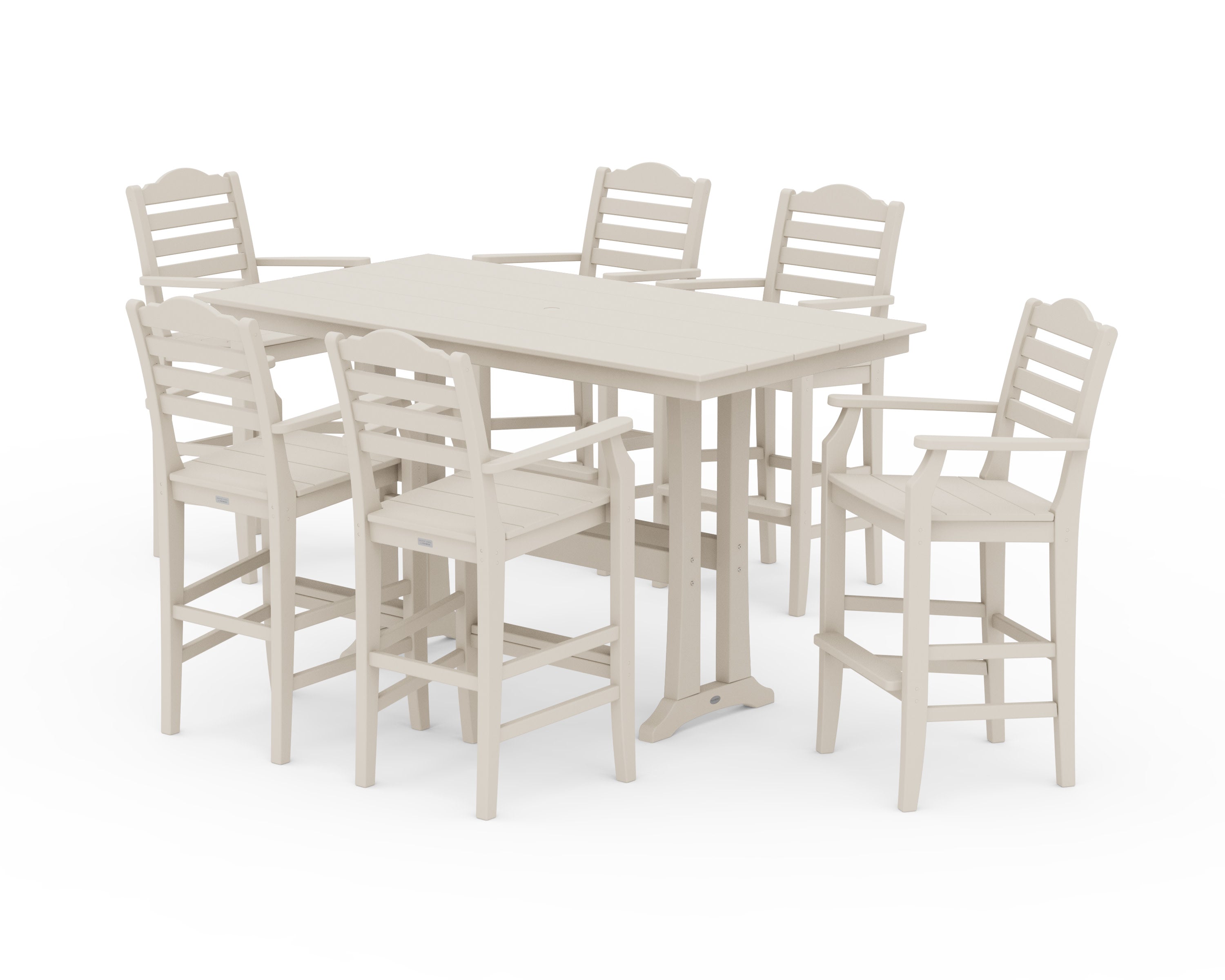 Savannah Arm Chair 7-Piece Farmhouse Bar Set with Trestle Legs in Sand