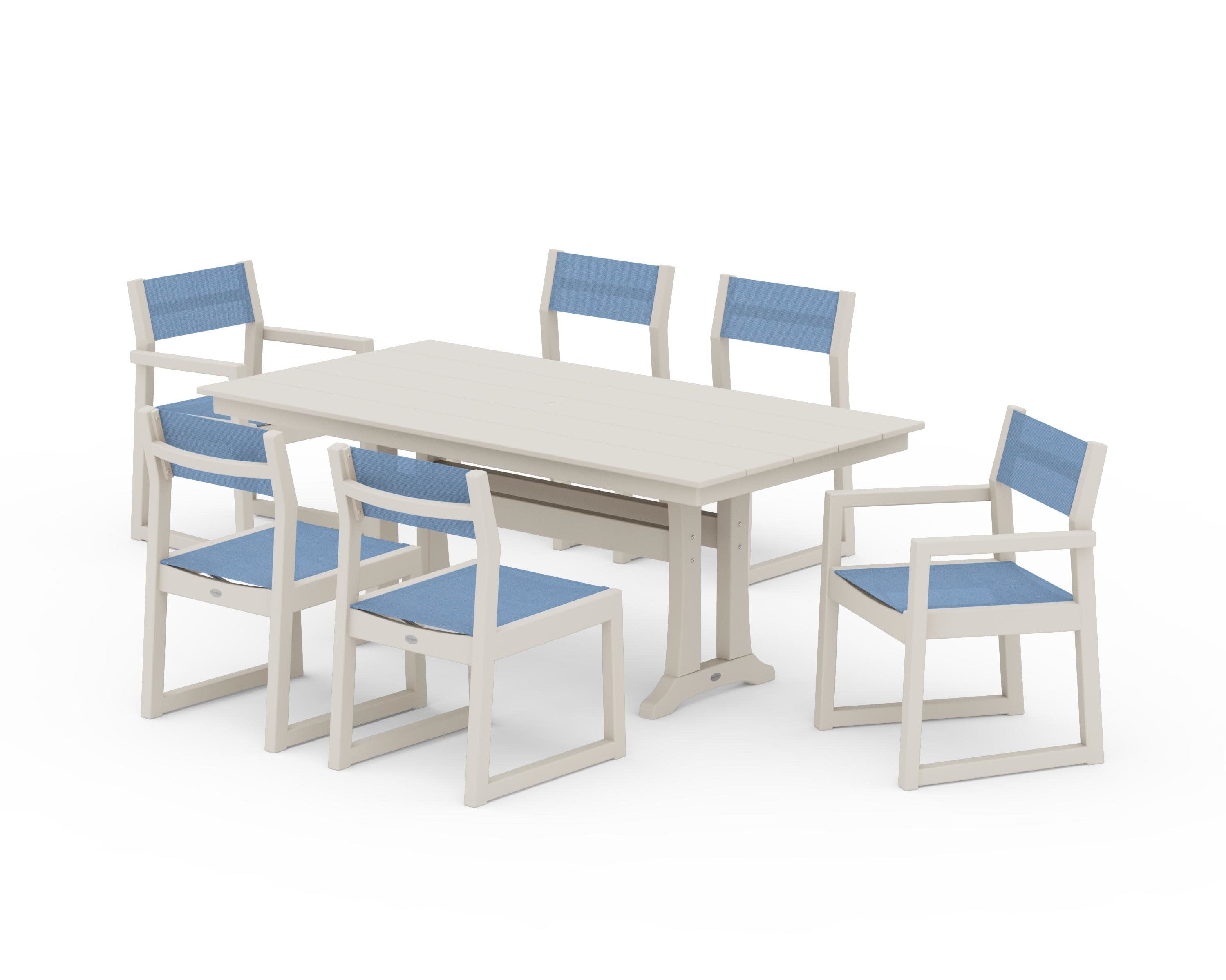 EDGE Sling 7-Piece Farmhouse Trestle Dining Set in Sand / Poolside Sling