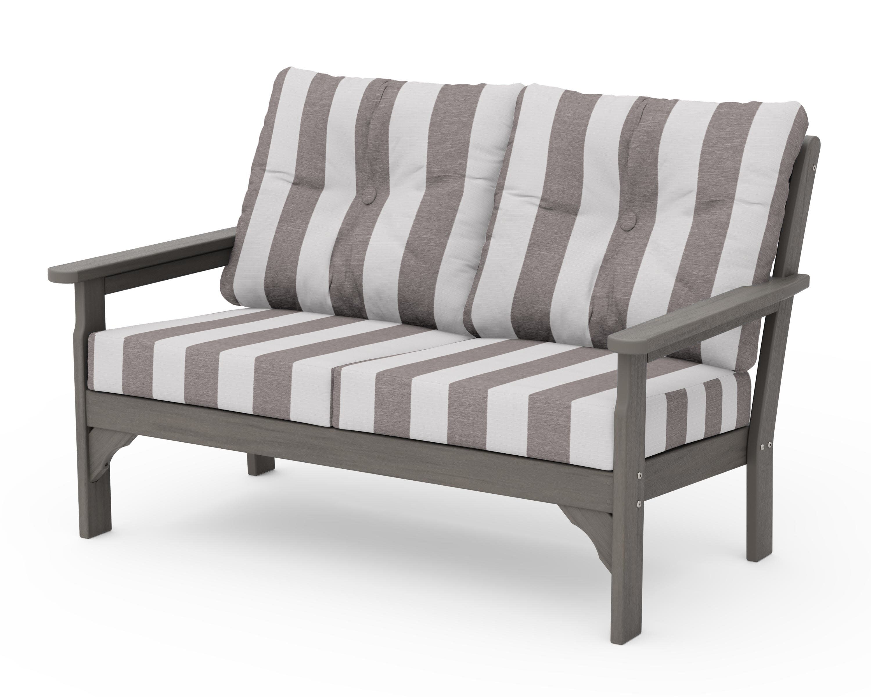 Vineyard Deep Seating Loveseat in Driftwood / Cabana Stripe Grey Mist