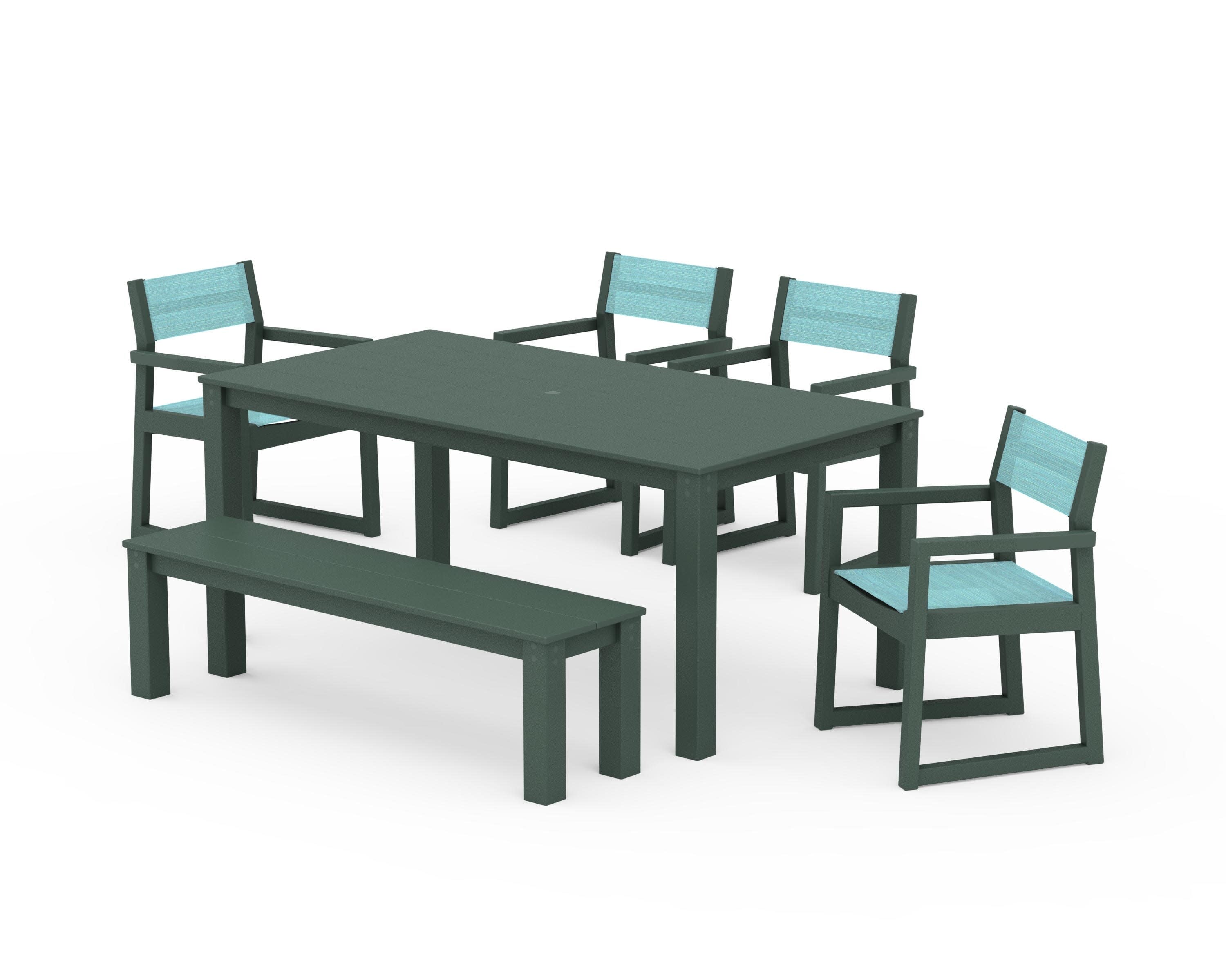 EDGE Sling Arm Chair 6-Piece Parsons Dining Set with Bench in Green / Dupioni Aquamarine Sling