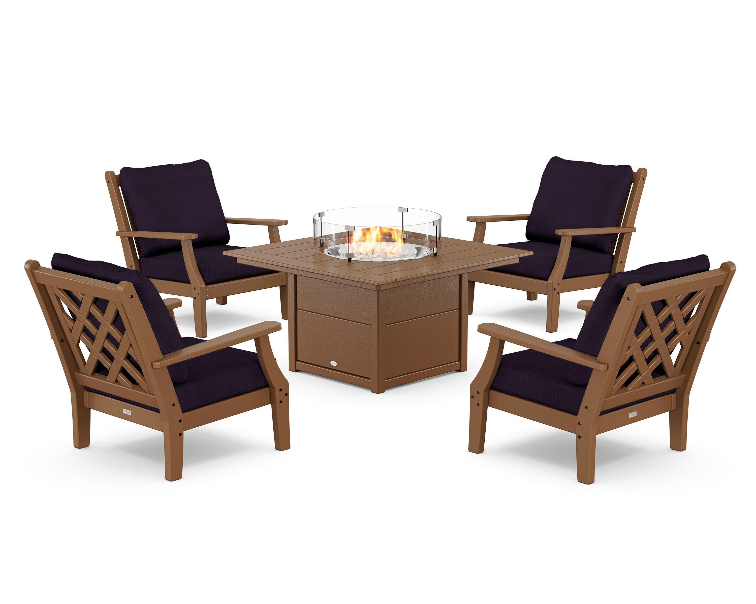 Wovendale 5-Piece Deep Seating Set with Fire Pit Table in Teak / Navy Linen