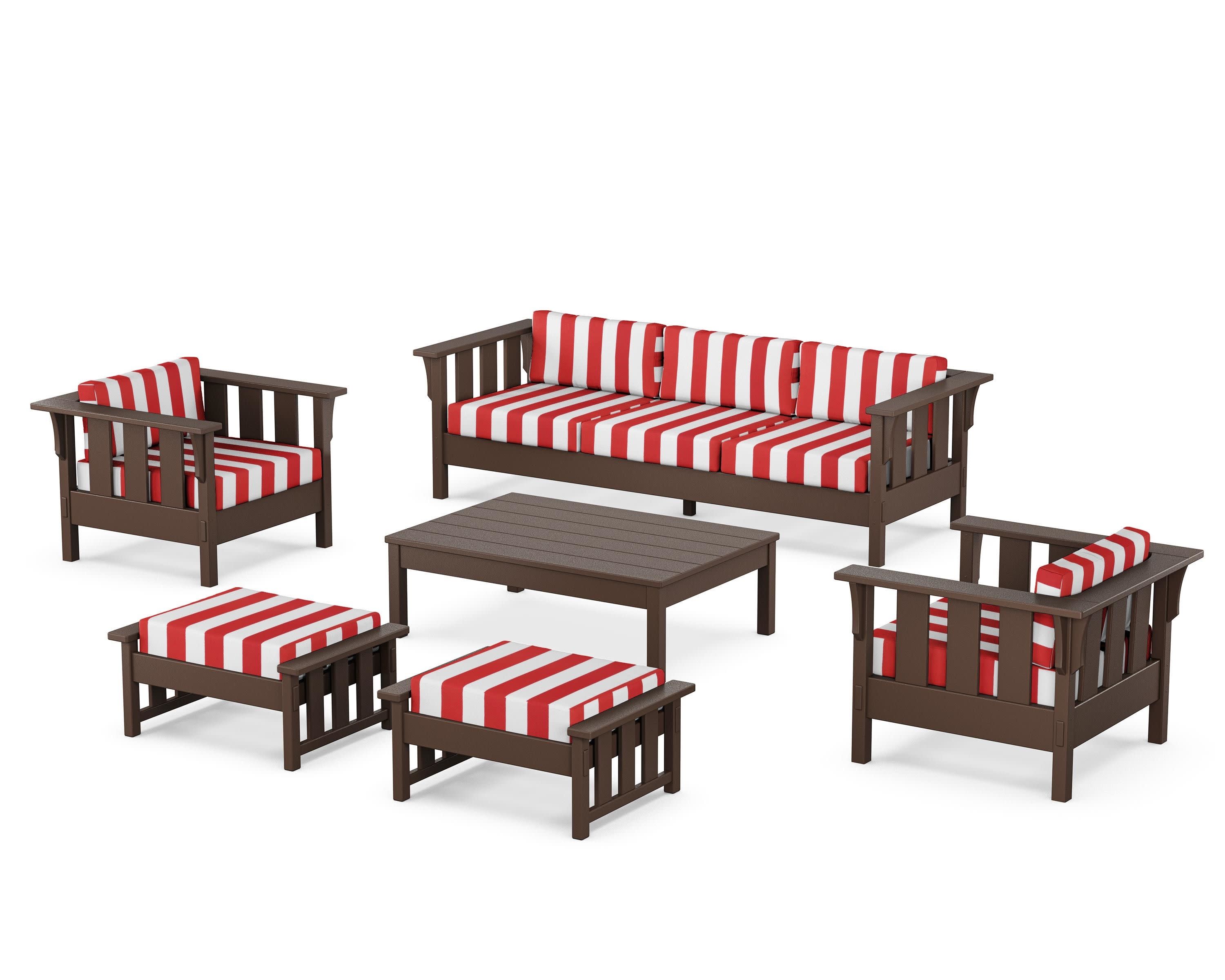 Acadia 6-Piece Lounge Sofa Set in Mahogany / Cabana Stripe Crimson